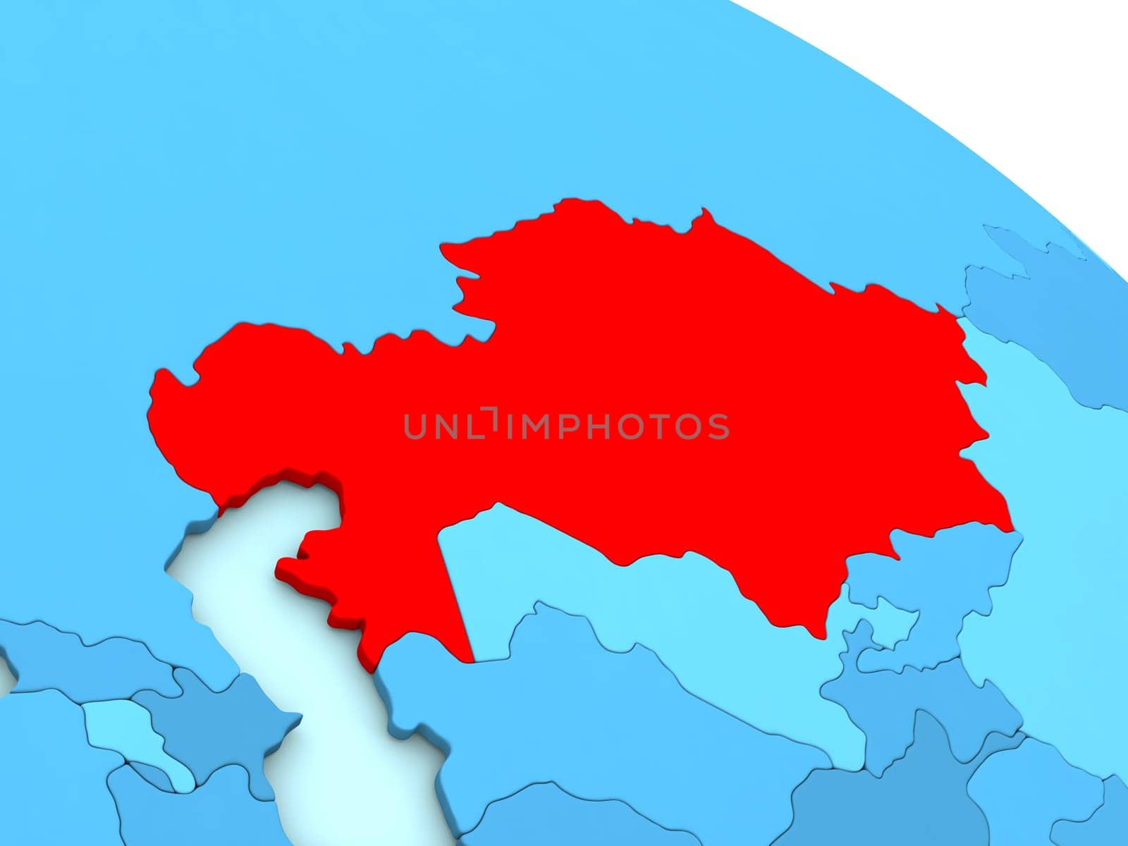 3D illustration of Kazakhstan highlighted in red color on blue globe