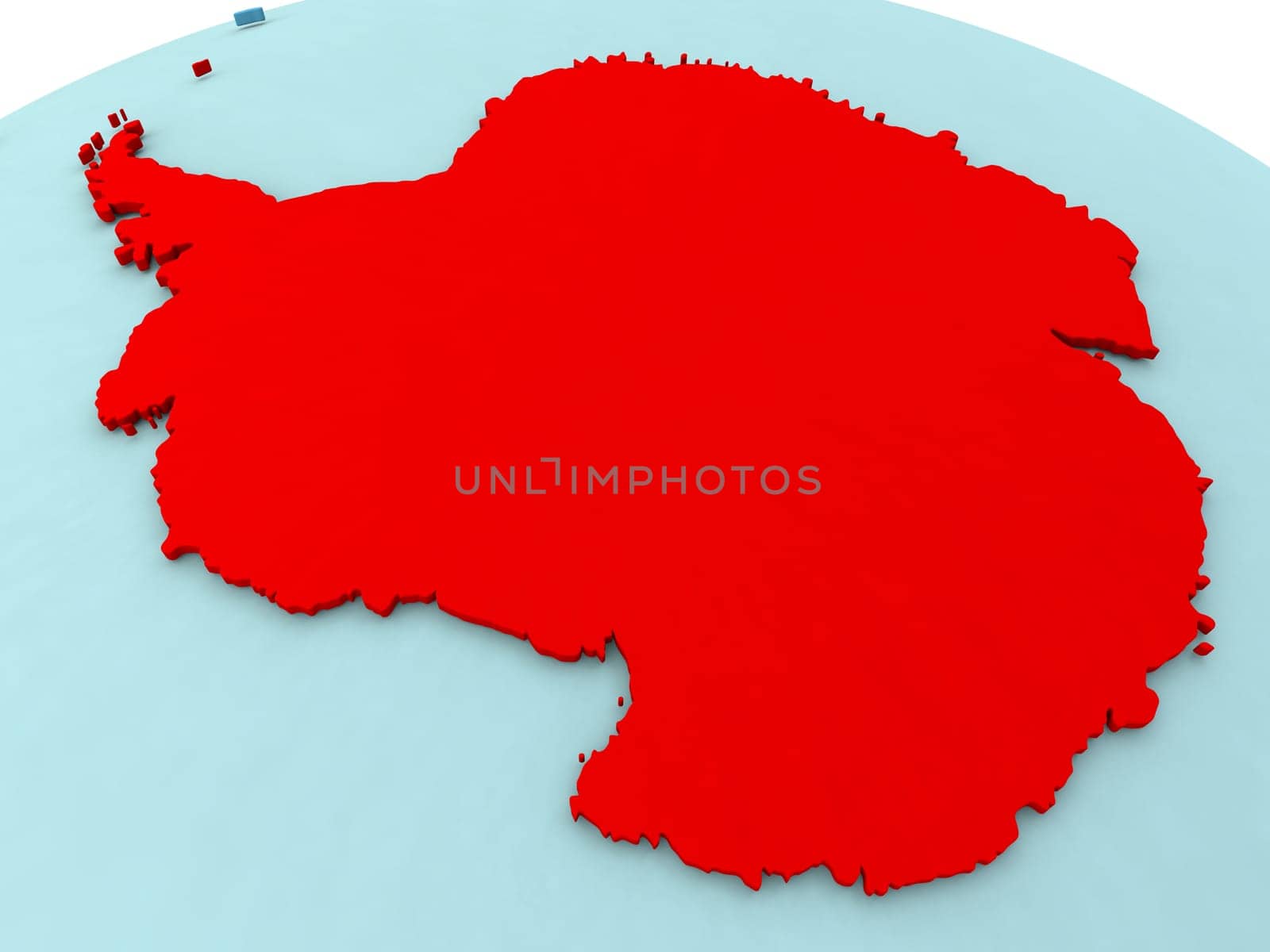 3D illustration of Antarctica highlighted in red color on blue globe
