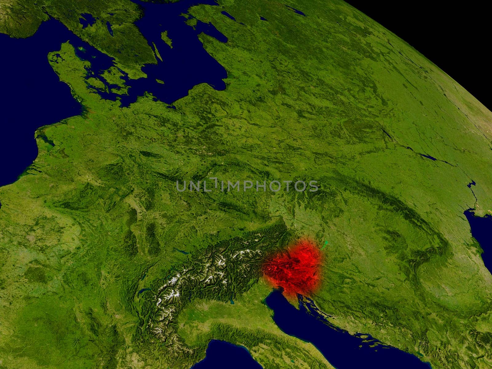 Slovenia from space in red. 3D illustration with highly detailed realistic planet surface. Elements of this image furnished by NASA.