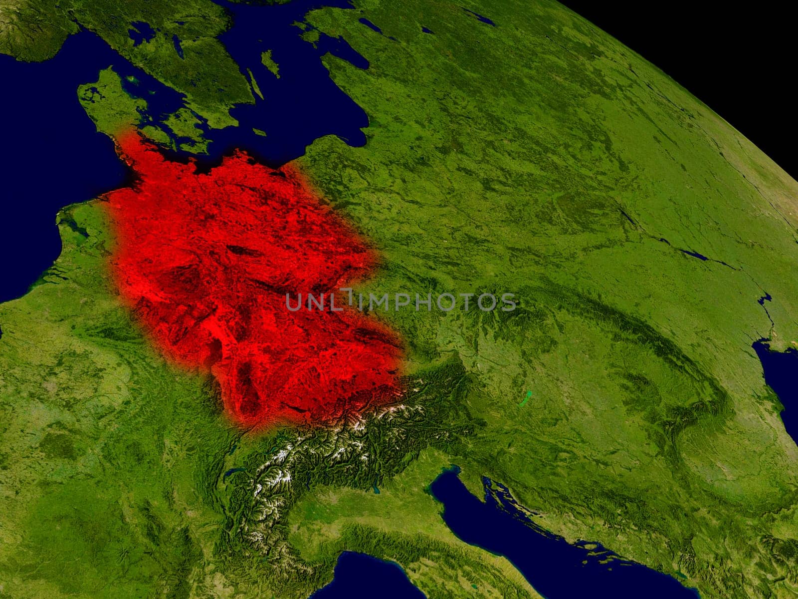 Germany from space in red. 3D illustration with highly detailed realistic planet surface. Elements of this image furnished by NASA.