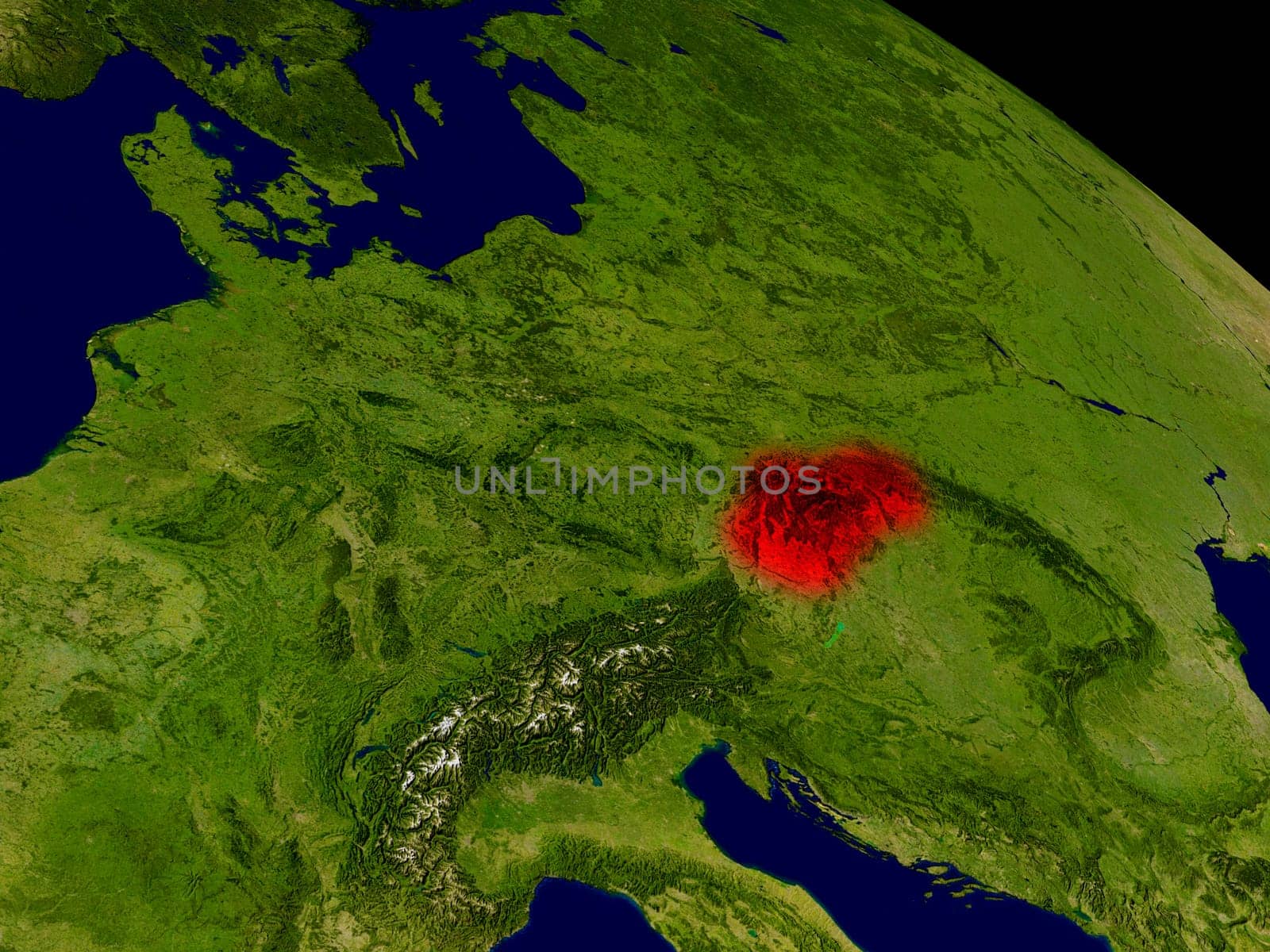 Slovakia from space in red. 3D illustration with highly detailed realistic planet surface. Elements of this image furnished by NASA.