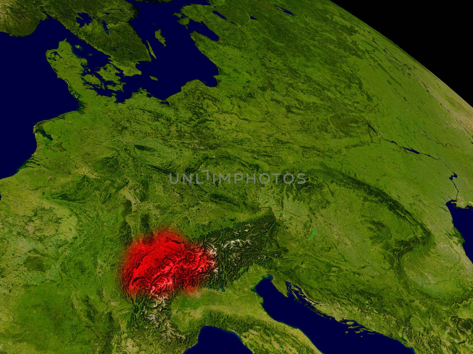 Switzerland from space in red. 3D illustration with highly detailed realistic planet surface. Elements of this image furnished by NASA.