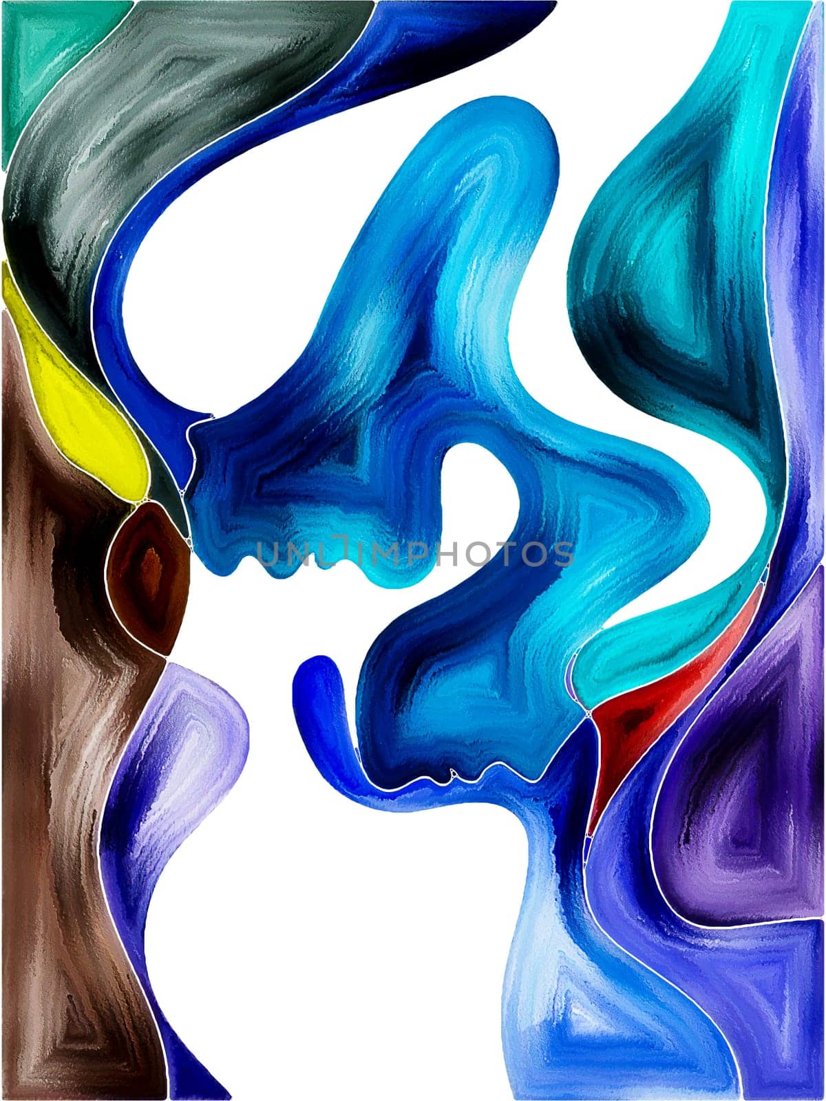 Inner Dialog series. Backdrop of human profiles and vivid paint shapes on the subject of emotions, relationships, human drama, spirituality and design