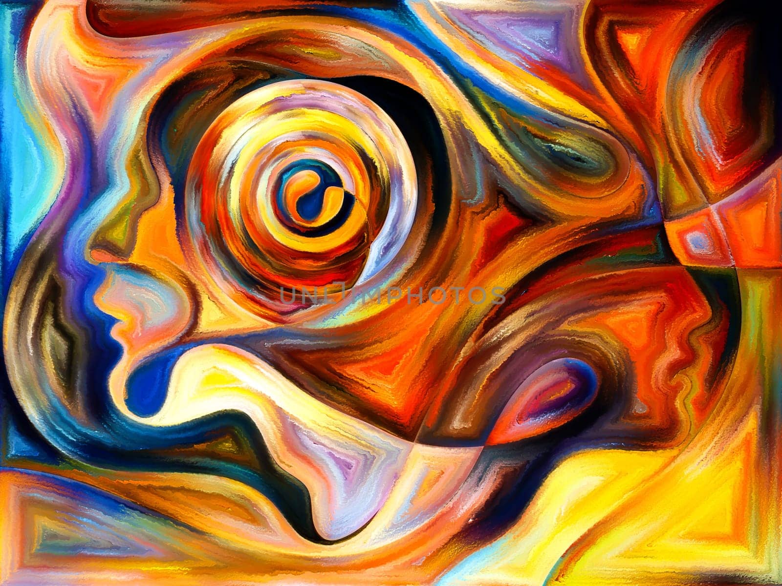 Inner Dialog series. Interplay of human profiles and vivid paint shapes on the subject of emotions, relationships, human drama, spirituality and design