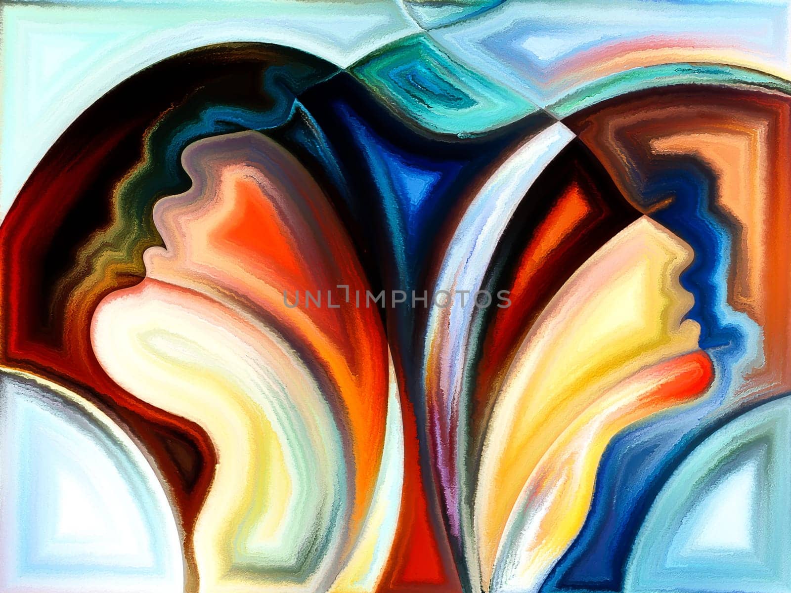 Inner Dialog series. Backdrop composed of human profiles and vivid paint shapes and suitable for use in the projects on emotions, relationships, human drama, spirituality and design