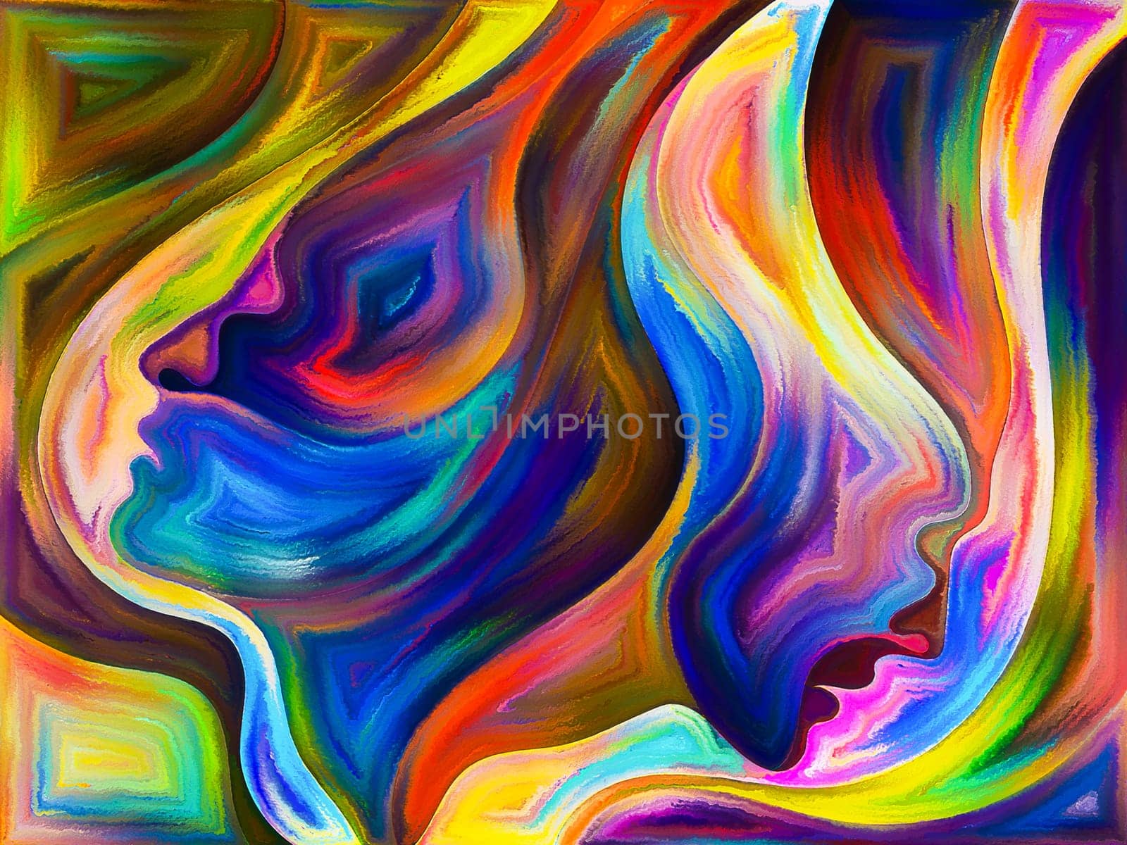 Inner Dialog series. Abstract background made of human profiles and vivid paint shapes for use with projects on emotions, relationships, human drama, spirituality and design