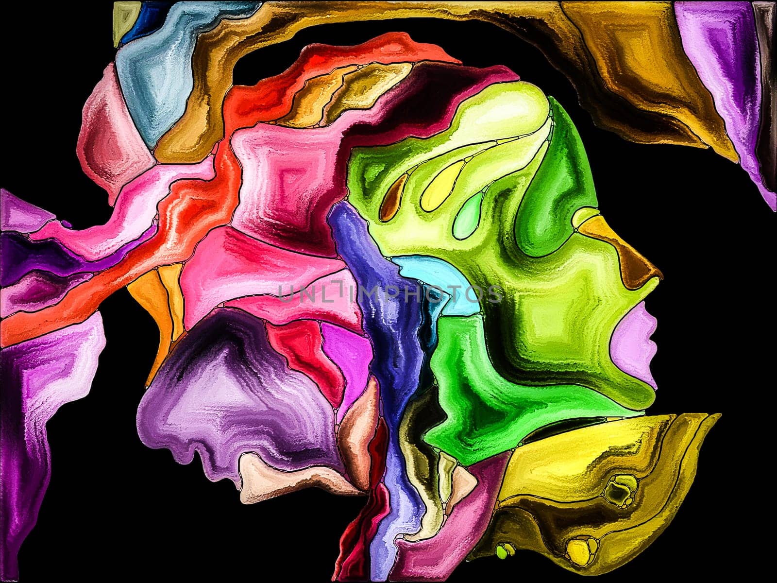 Inner Dialog series. Arrangement of human profiles and vivid paint shapes on the subject of emotions, relationships, human drama, spirituality and design