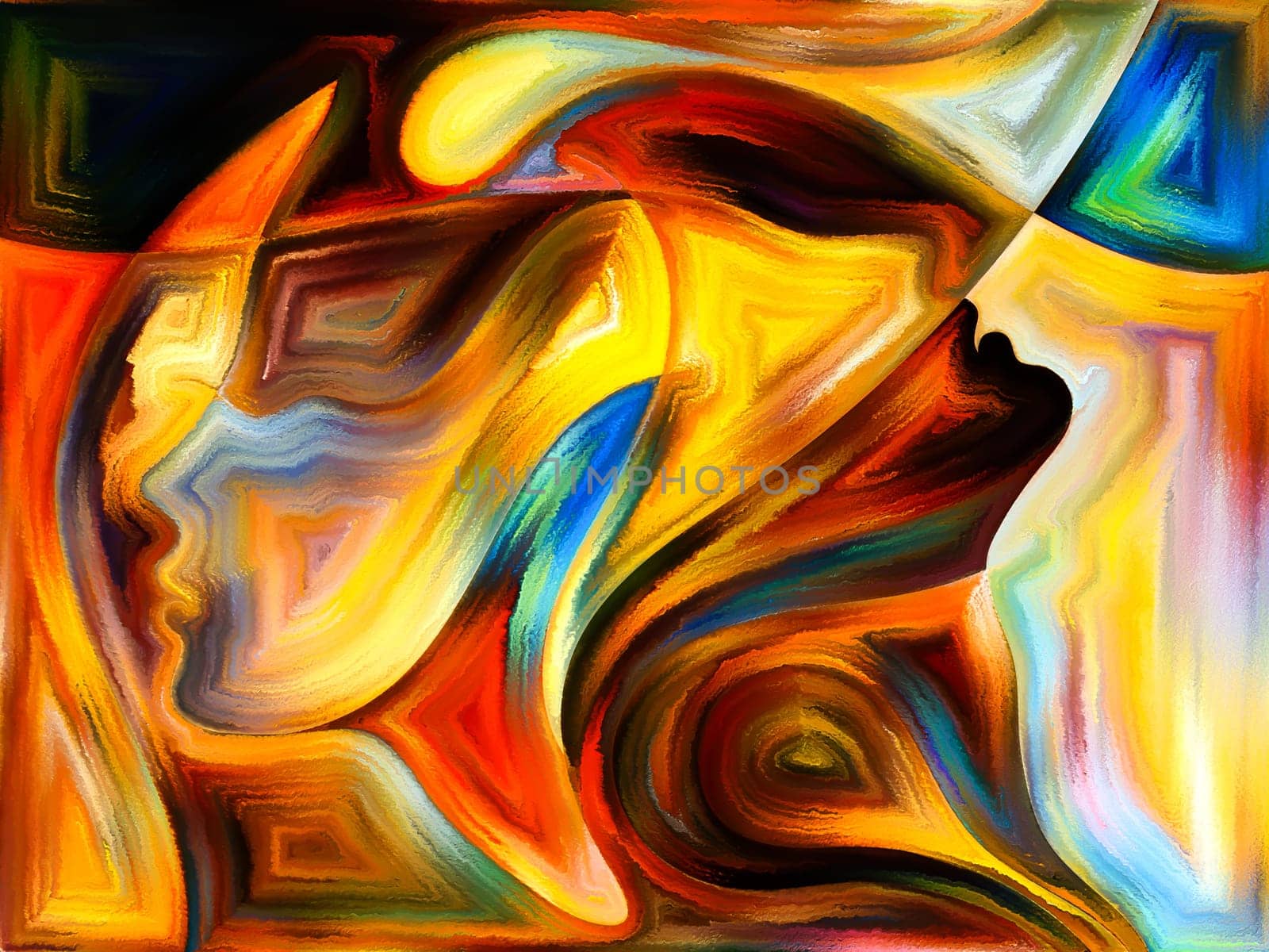Inner Dialog series. Background composition of  human profiles and vivid paint shapes on the subject of emotions, relationships, human drama, spirituality and design