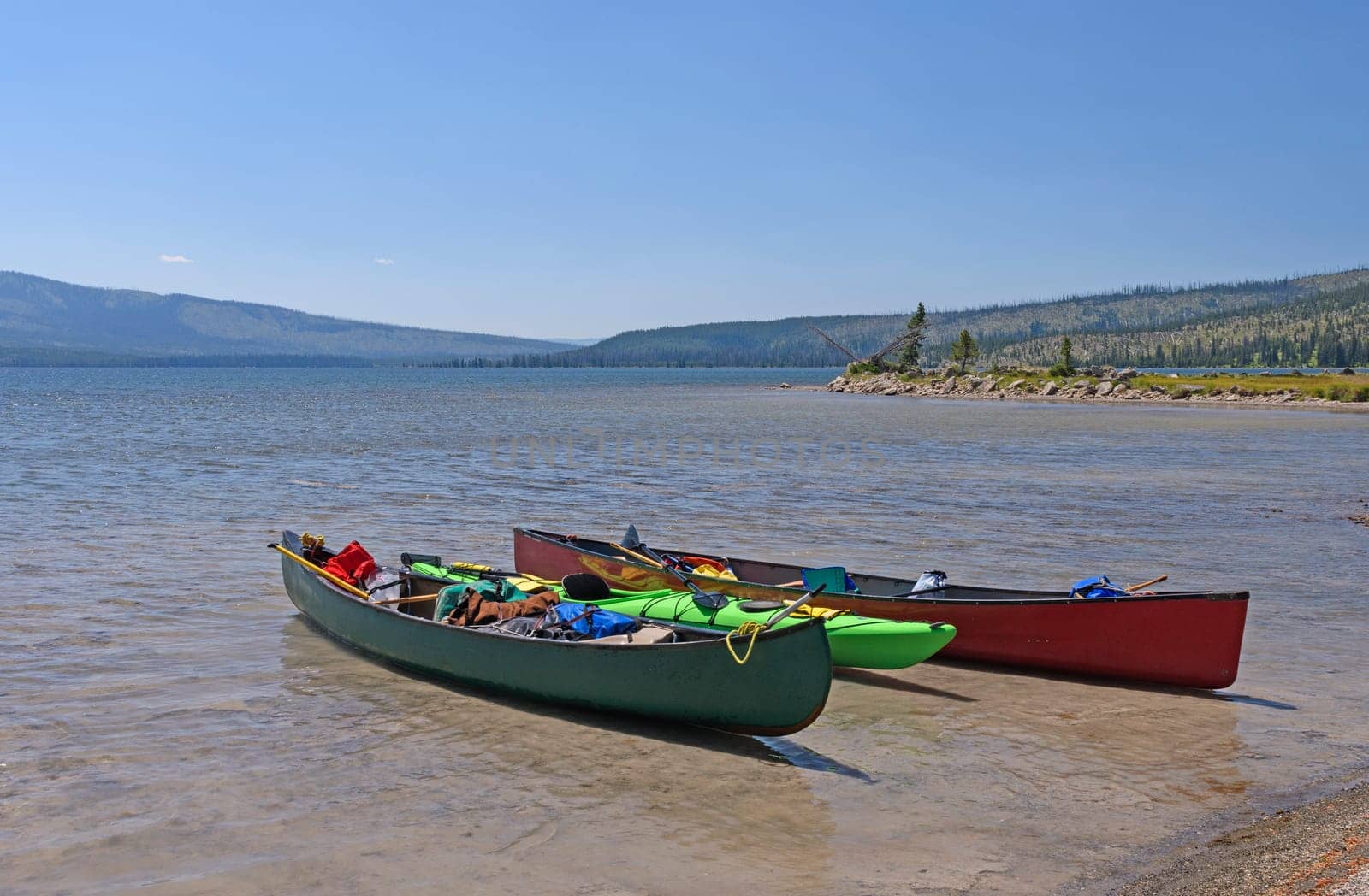 Canoes on a Lewis Lake in Yellowstone National Park in Wyoming