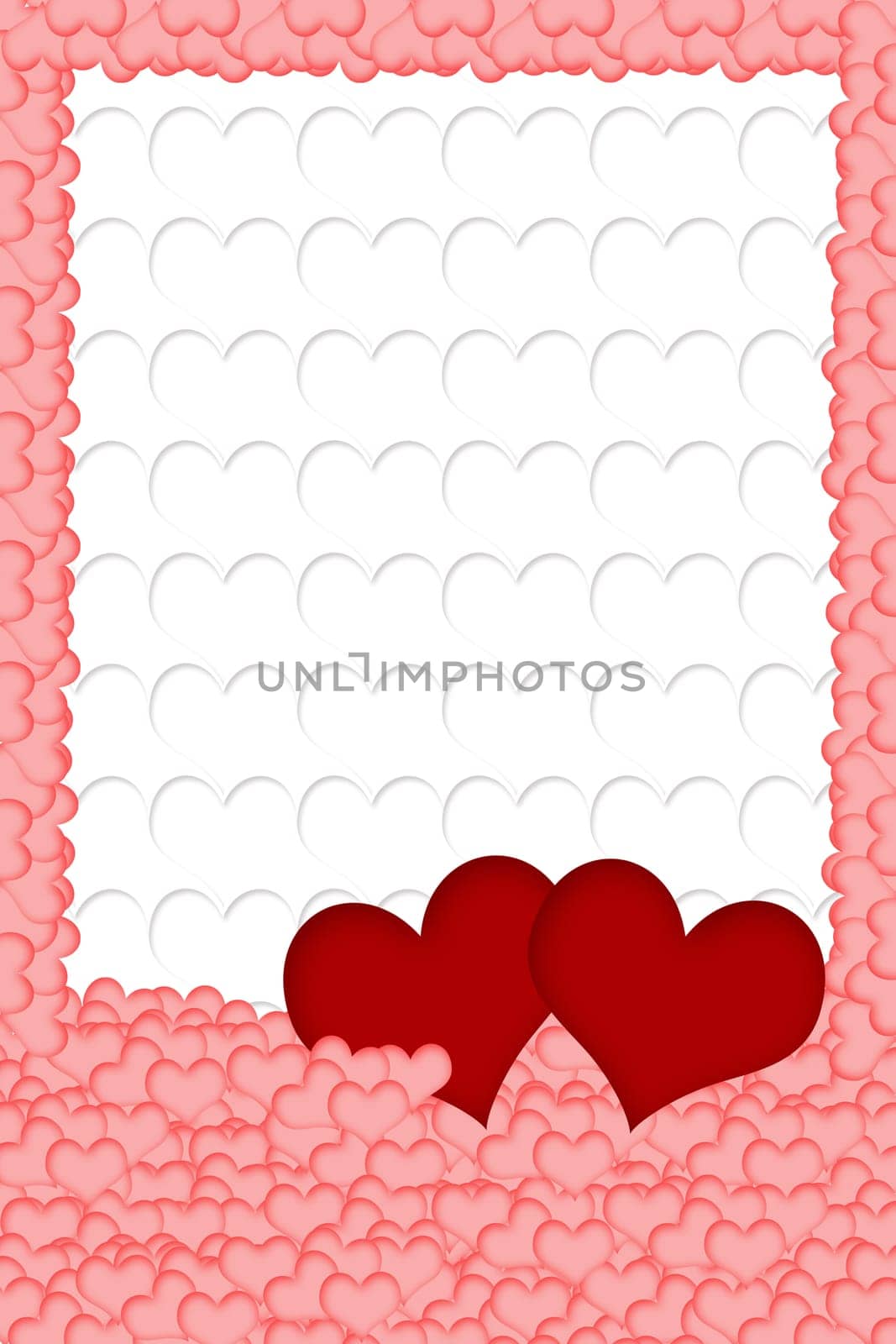 Two red hearts are placed on a multitude of pink hearts in the bottom of the image. All on white background formed from white hearts. The edges of the image are made of pink hearts. Vertically.