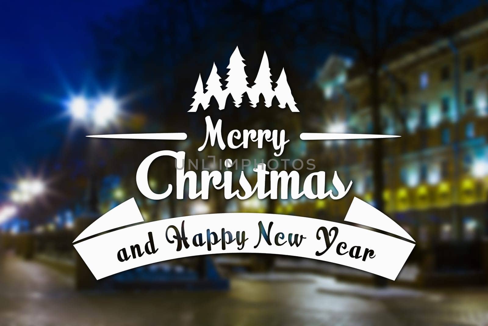 Merry Christmas and New Year greeting card on blurred night city streets illuminated buildings background