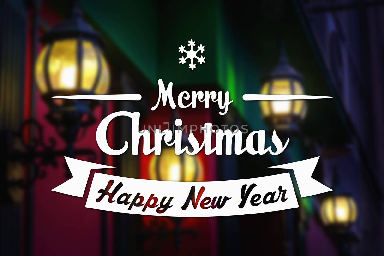 Merry Christmas and New Year greeting card on blurred glowing vintage street lamps background