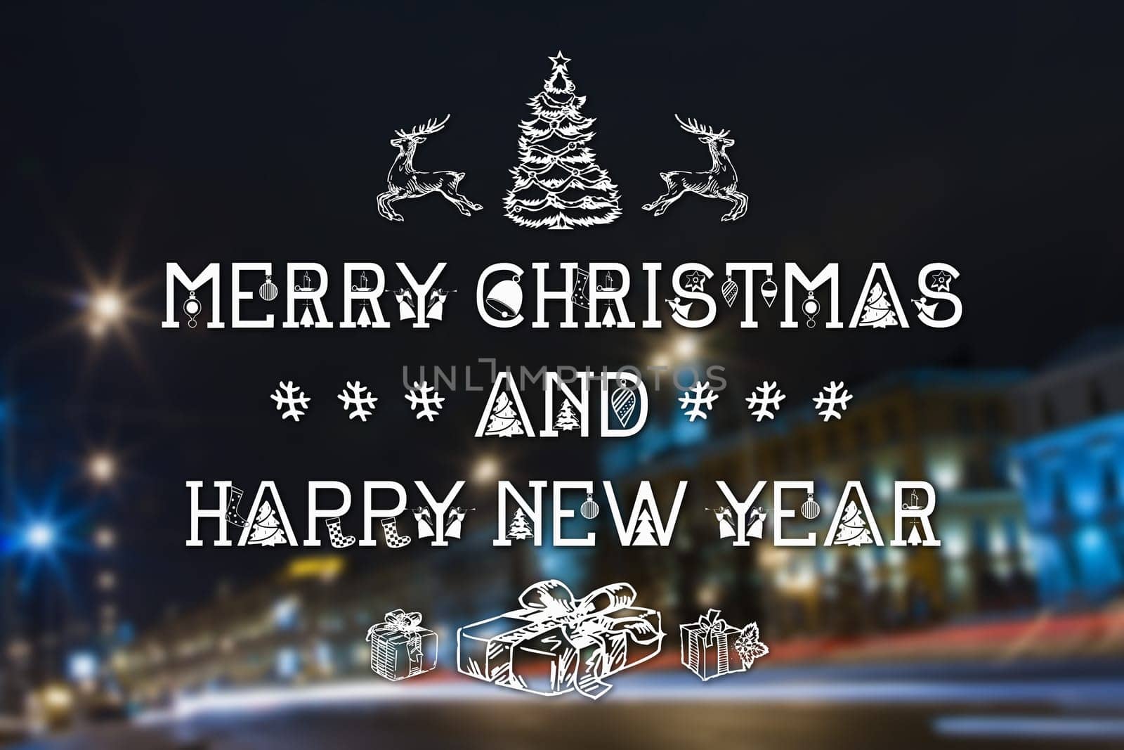 Merry Christmas and New Year hand drawing greeting card on blurred night city streets illuminated buildings background