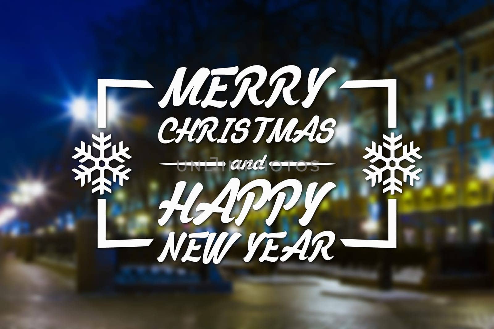 Merry Christmas and New Year greeting card on blurred night city streets illuminated buildings background