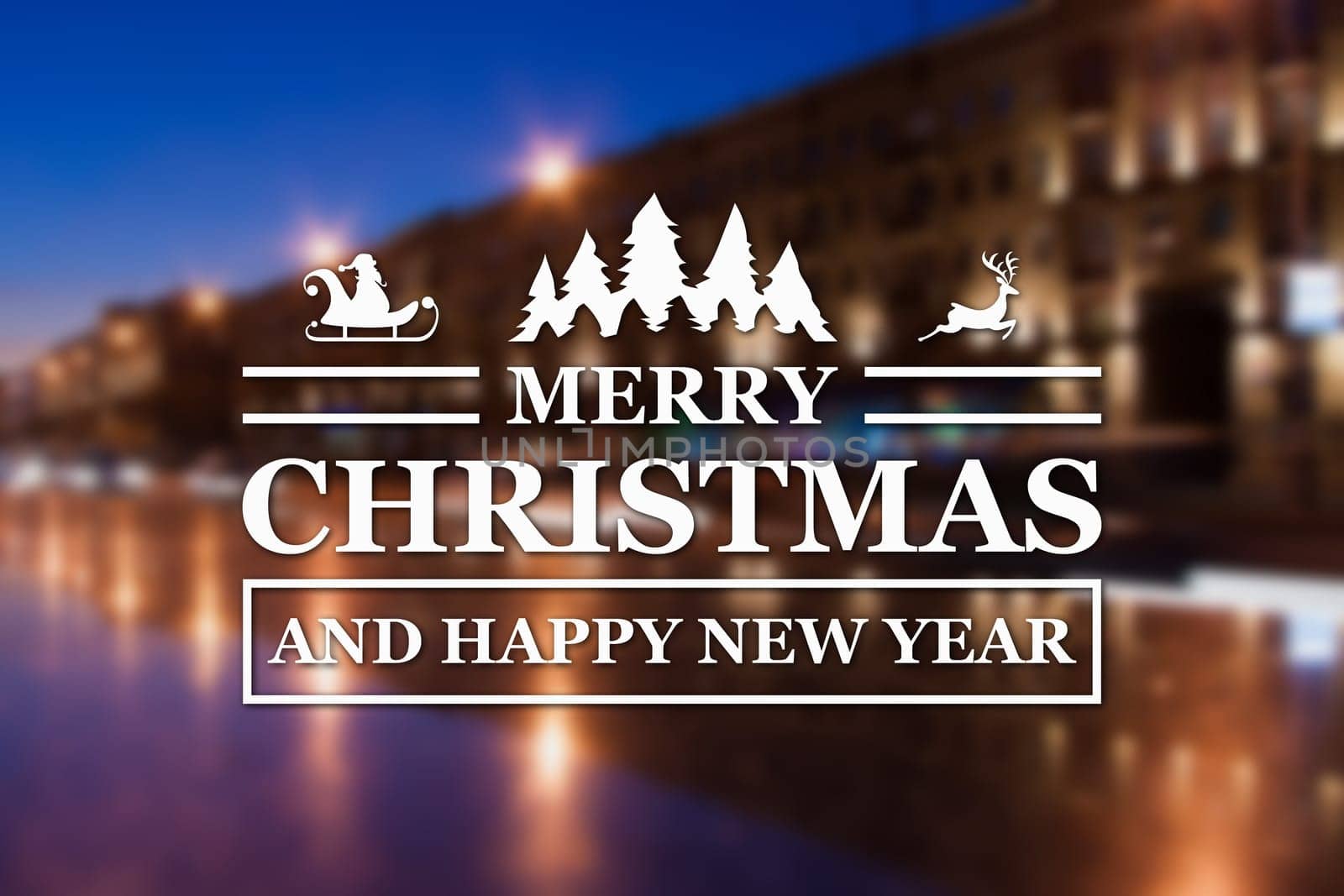 Merry Christmas and New Year greeting card on blurred night city streets illuminated buildings background