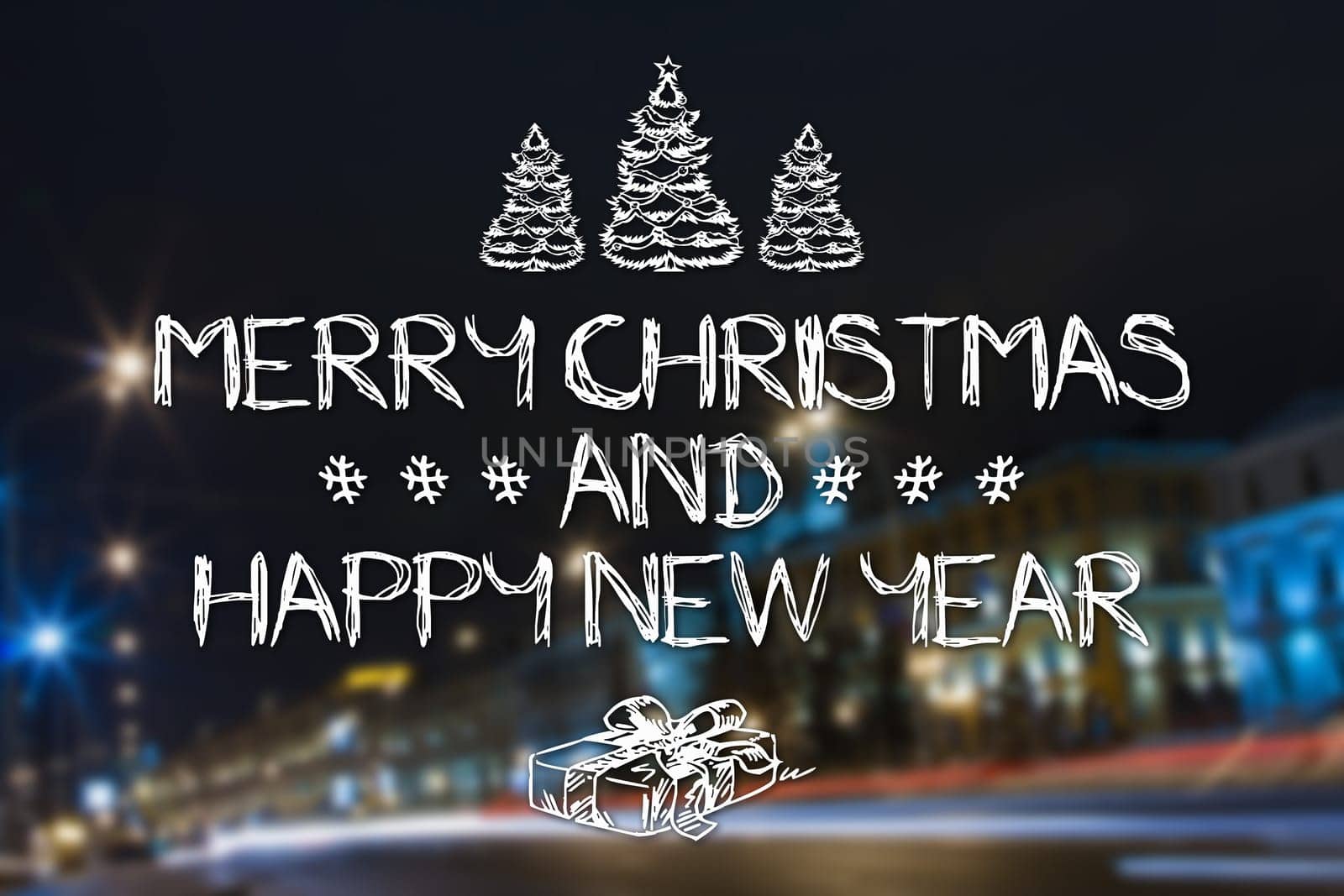 Merry Christmas and New Year hand drawing greeting card on blurred night city streets illuminated buildings background