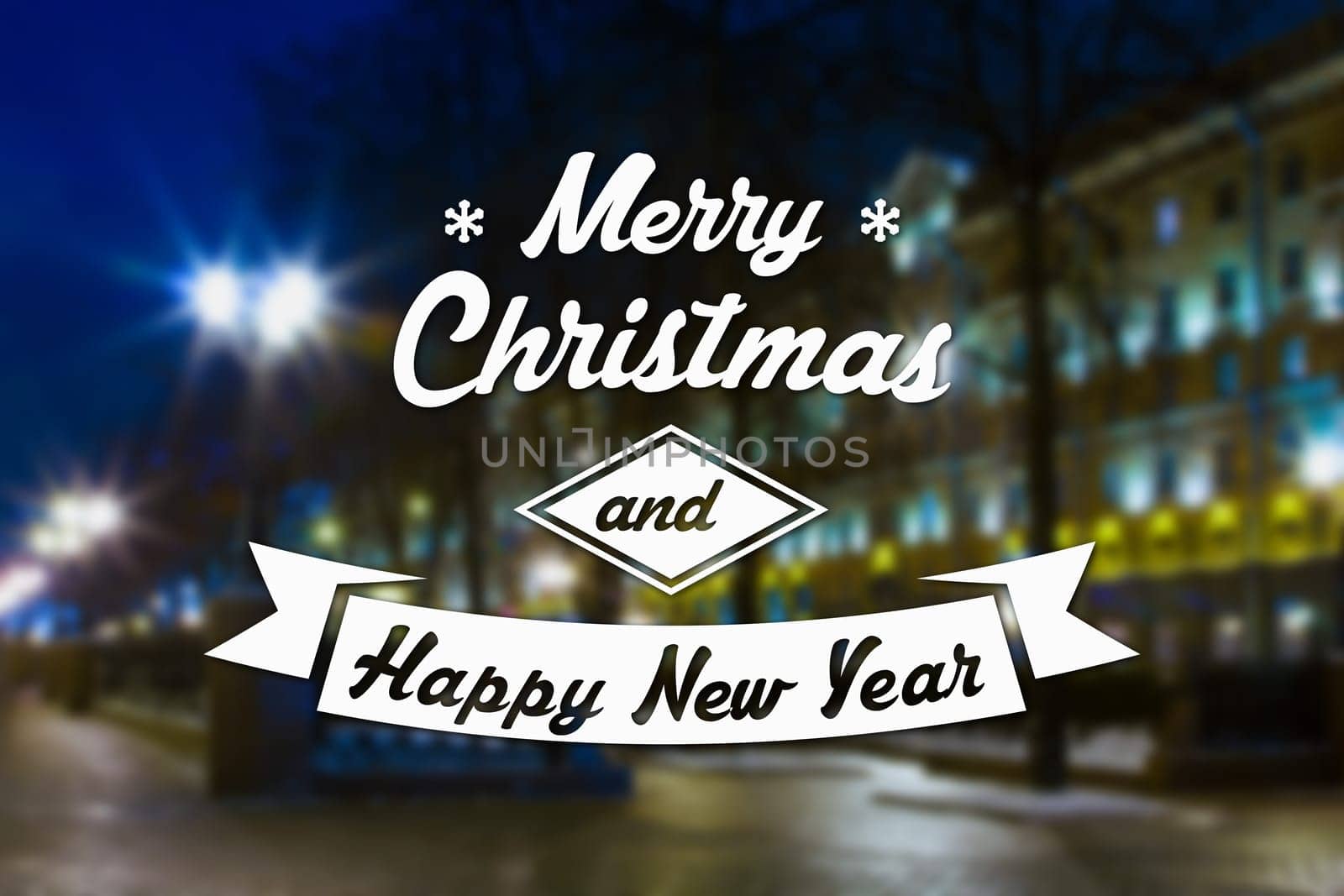 Merry Christmas and New Year greeting card on blurred night city streets illuminated buildings background