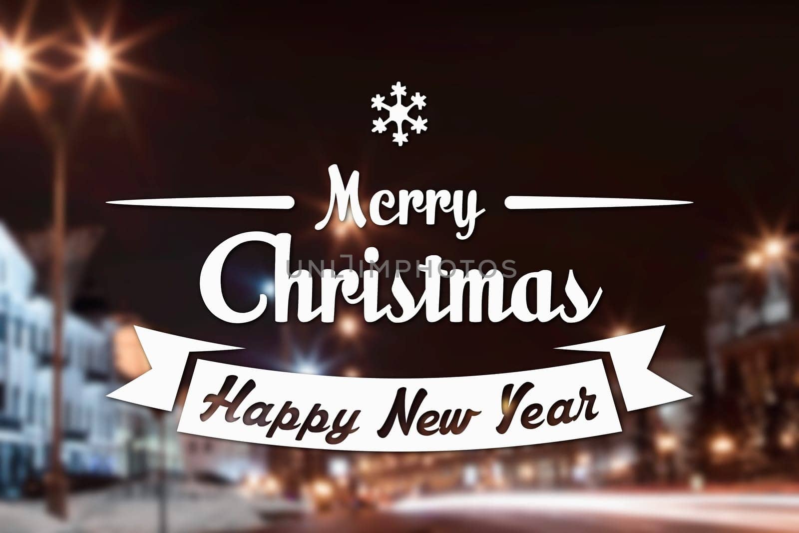 Merry Christmas and New Year greeting card on blurred night city streets illuminated buildings background