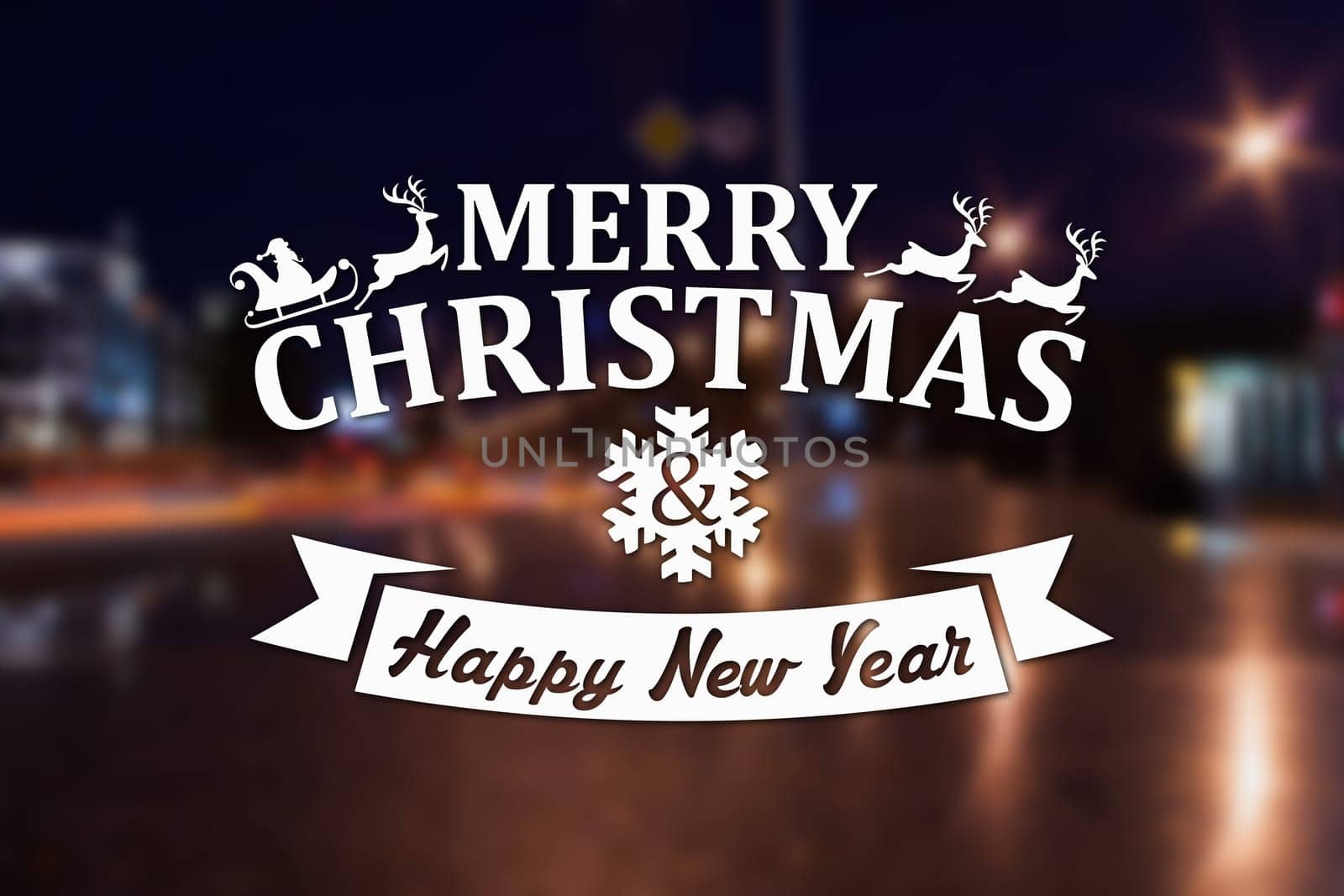 Merry Christmas and New Year greeting card on blurred night city streets illuminated buildings background