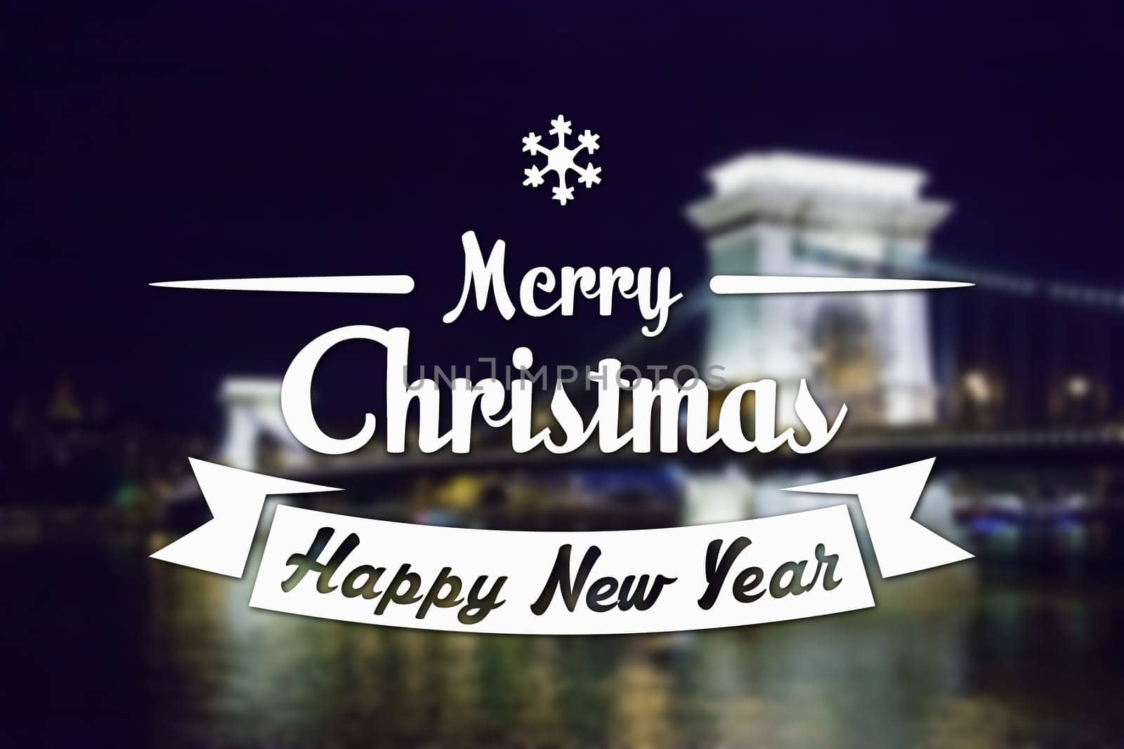 Merry Christmas and New Year greeting card on blurred night illuminated old bridge with reflection in water background