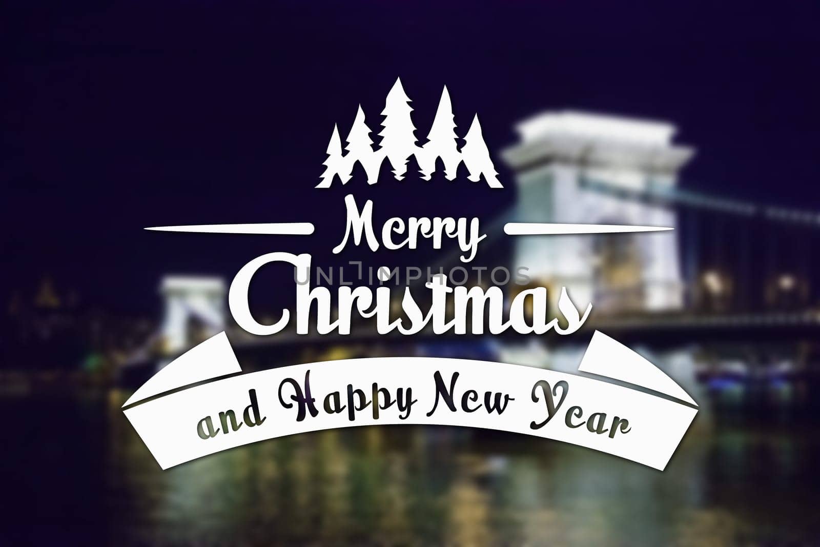 Merry Christmas and New Year greeting card on blurred night illuminated old bridge with reflection in water background