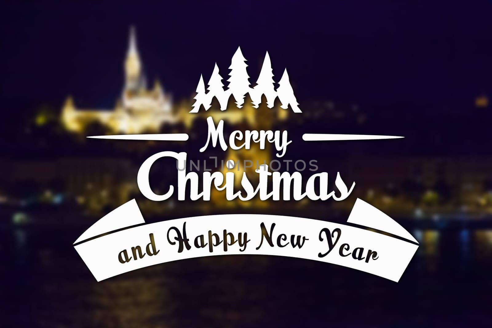Merry Christmas and New Year greeting card on blurred night city illuminated old buildings with reflection in water background