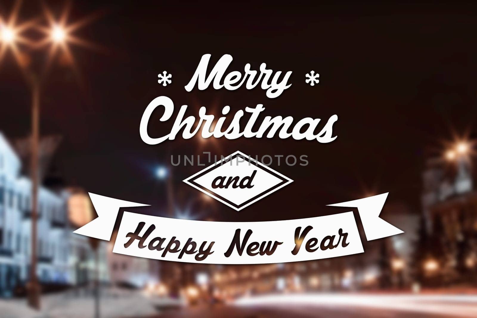 Merry Christmas and New Year greeting card on blurred night city streets illuminated buildings background