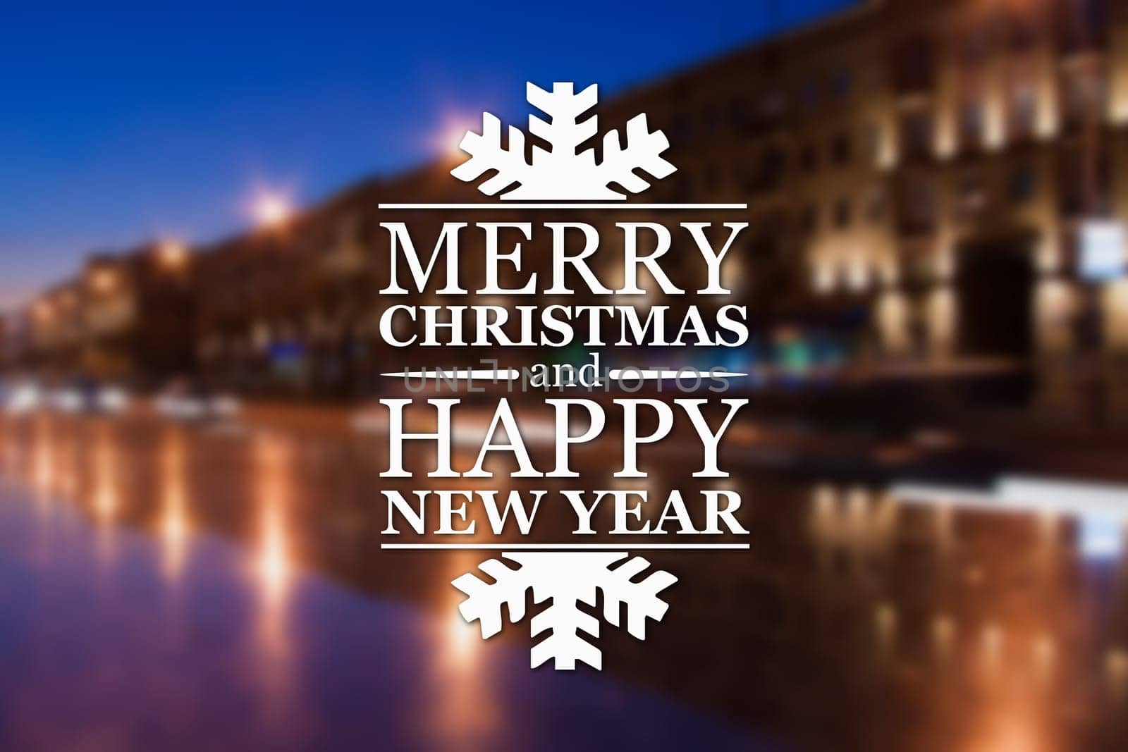 Merry Christmas and New Year greeting card on blurred night city streets illuminated buildings background
