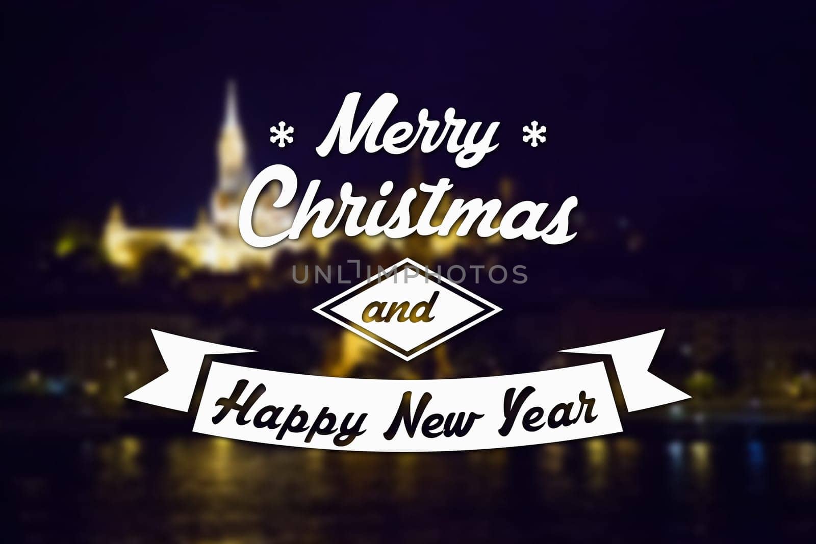 Merry Christmas and New Year greeting card on blurred night city illuminated old buildings with reflection in water background