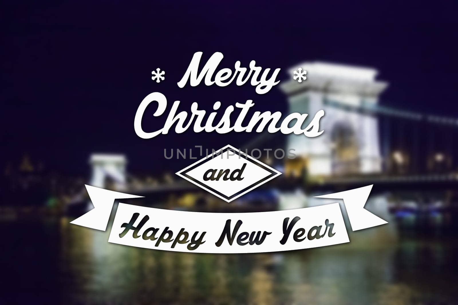 Merry Christmas and New Year greeting card on blurred night illuminated old bridge with reflection in water background