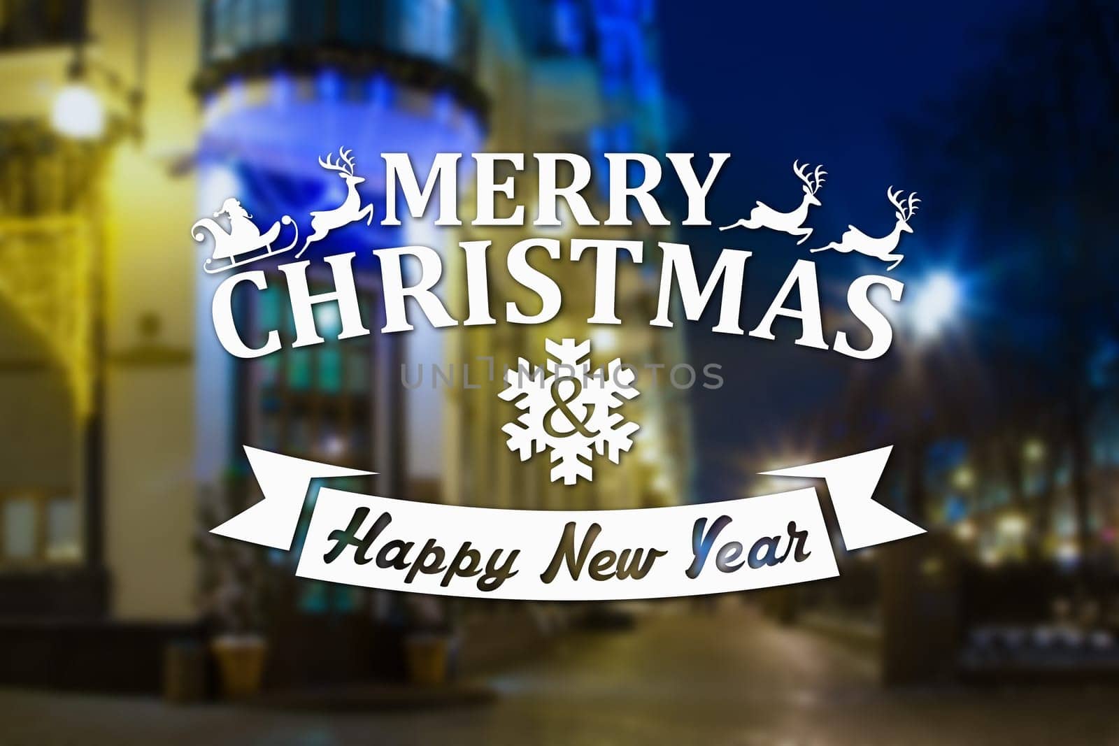 Merry Christmas and New Year greeting card on blurred night city streets illuminated buildings background