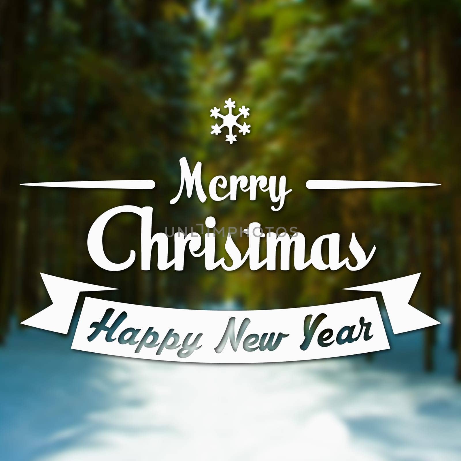 Merry Christmas and New Year greeting card on blurred green spruces or fir-trees in winter forest background