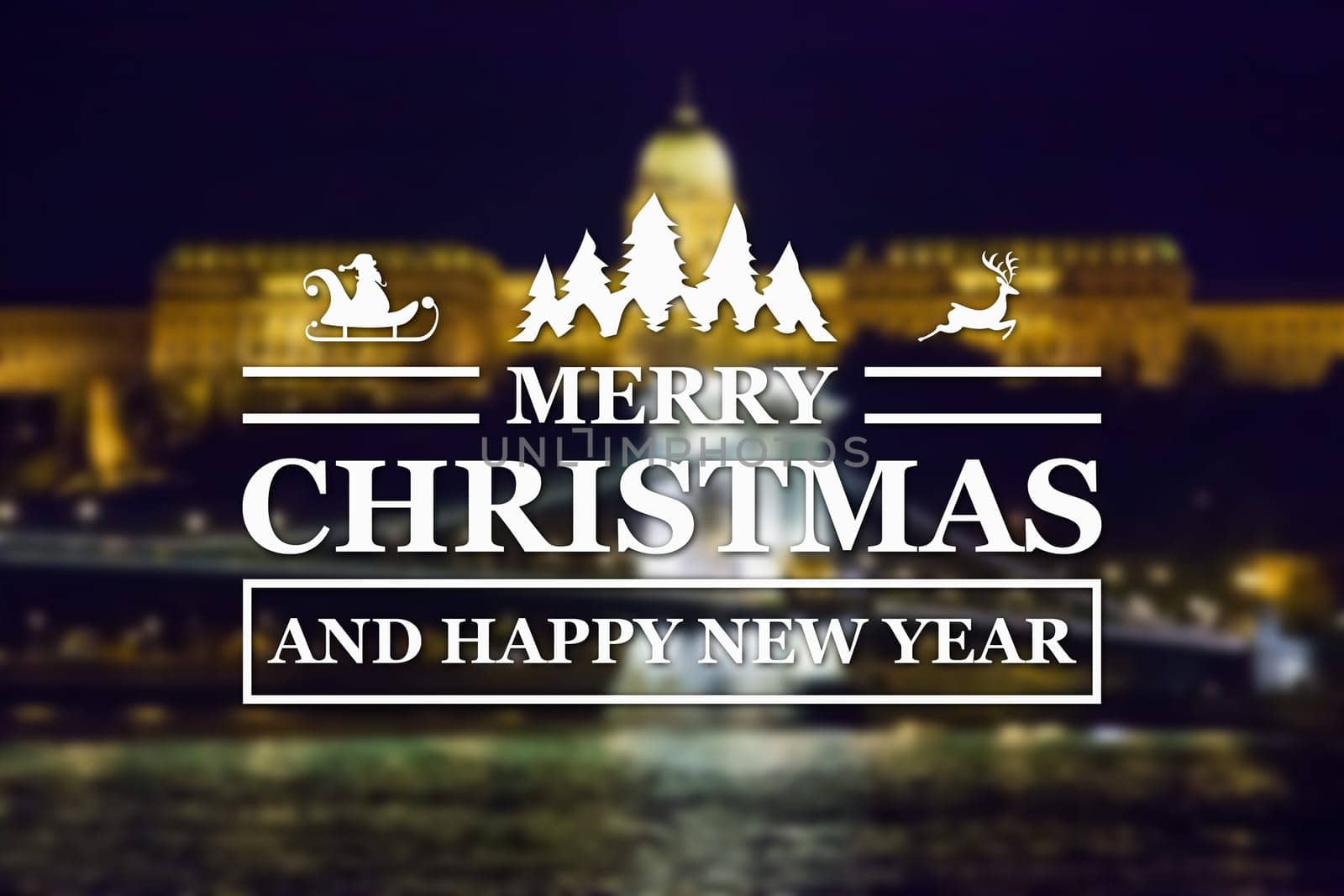 Merry Christmas and New Year greeting card on blurred night city illuminated old buildings with reflection in water background