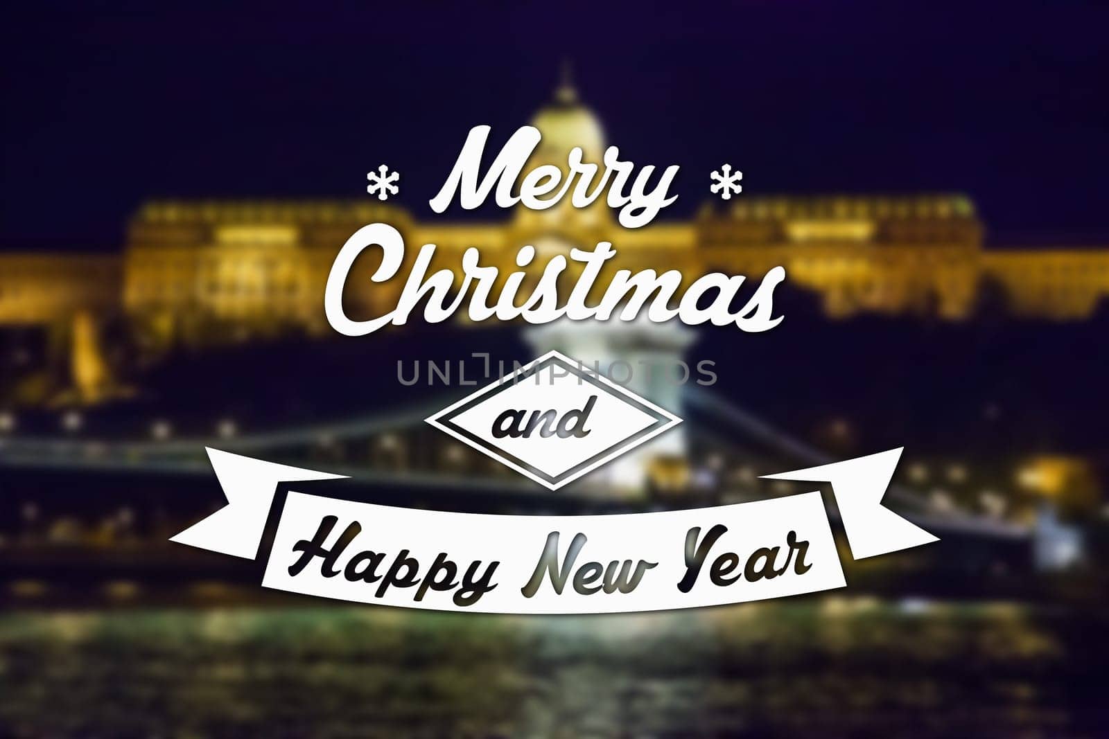 Merry Christmas and New Year greeting card on blurred night city illuminated old buildings with reflection in water background