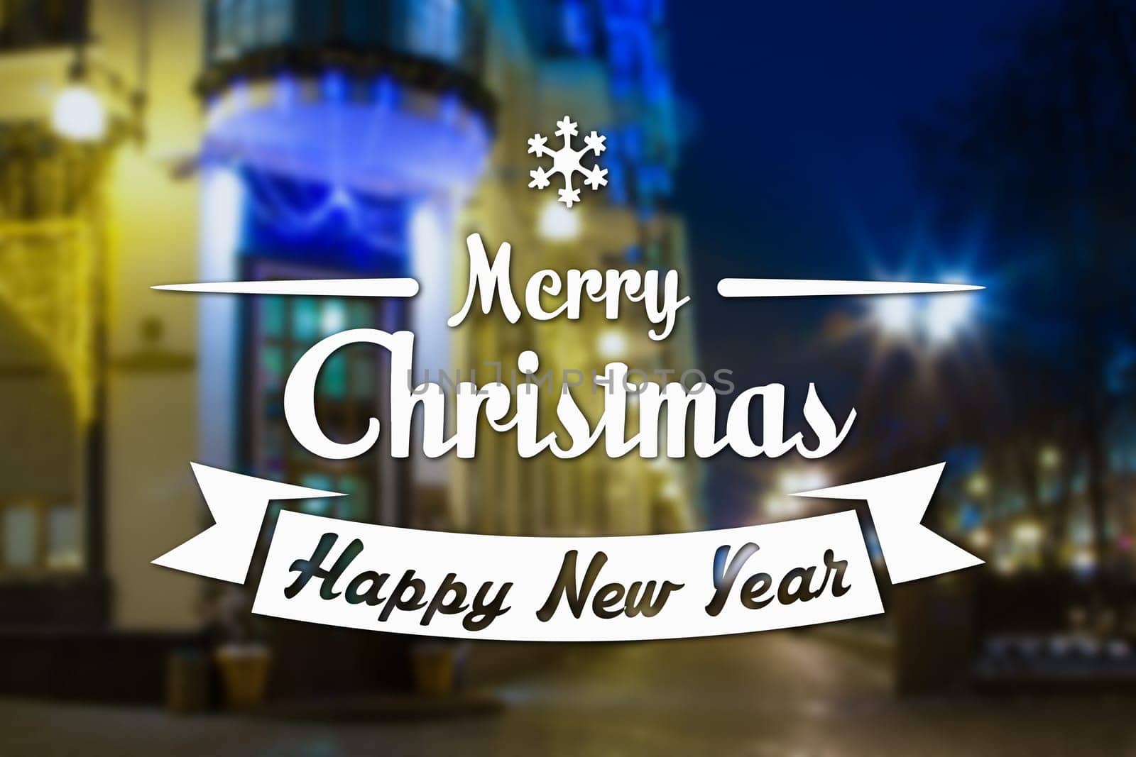 Merry Christmas and New Year greeting card on blurred night city streets illuminated buildings background