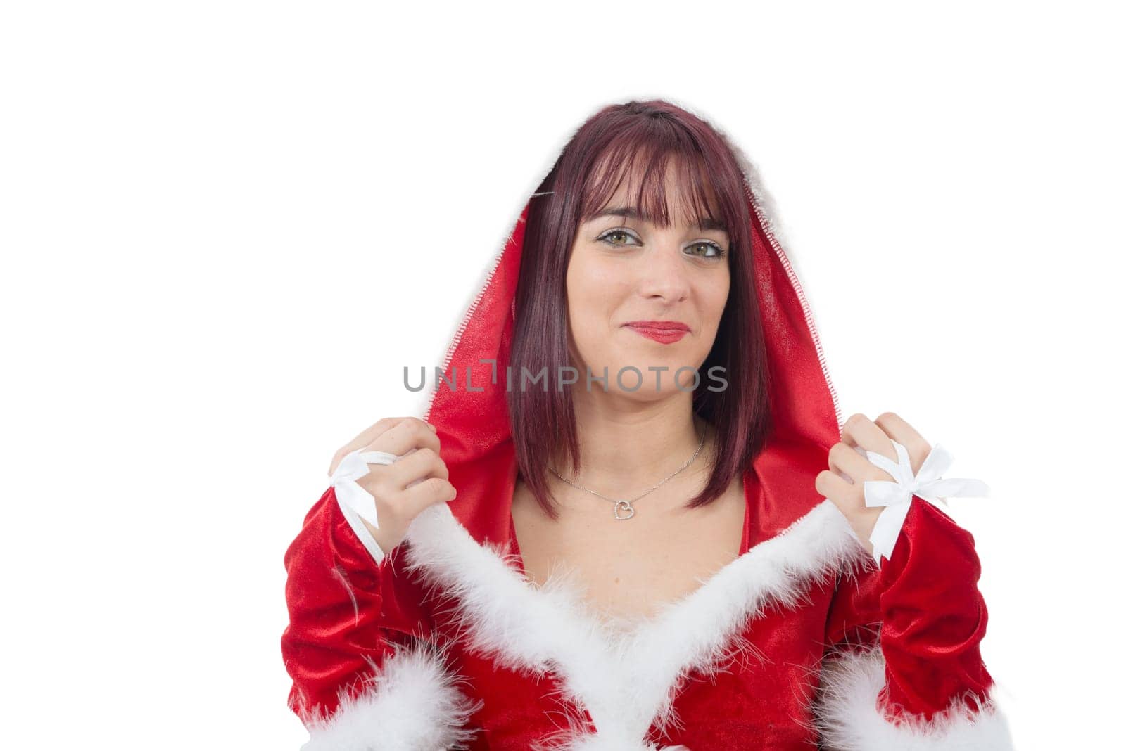 a portrait of beautiful  girl wearing santa claus clothes