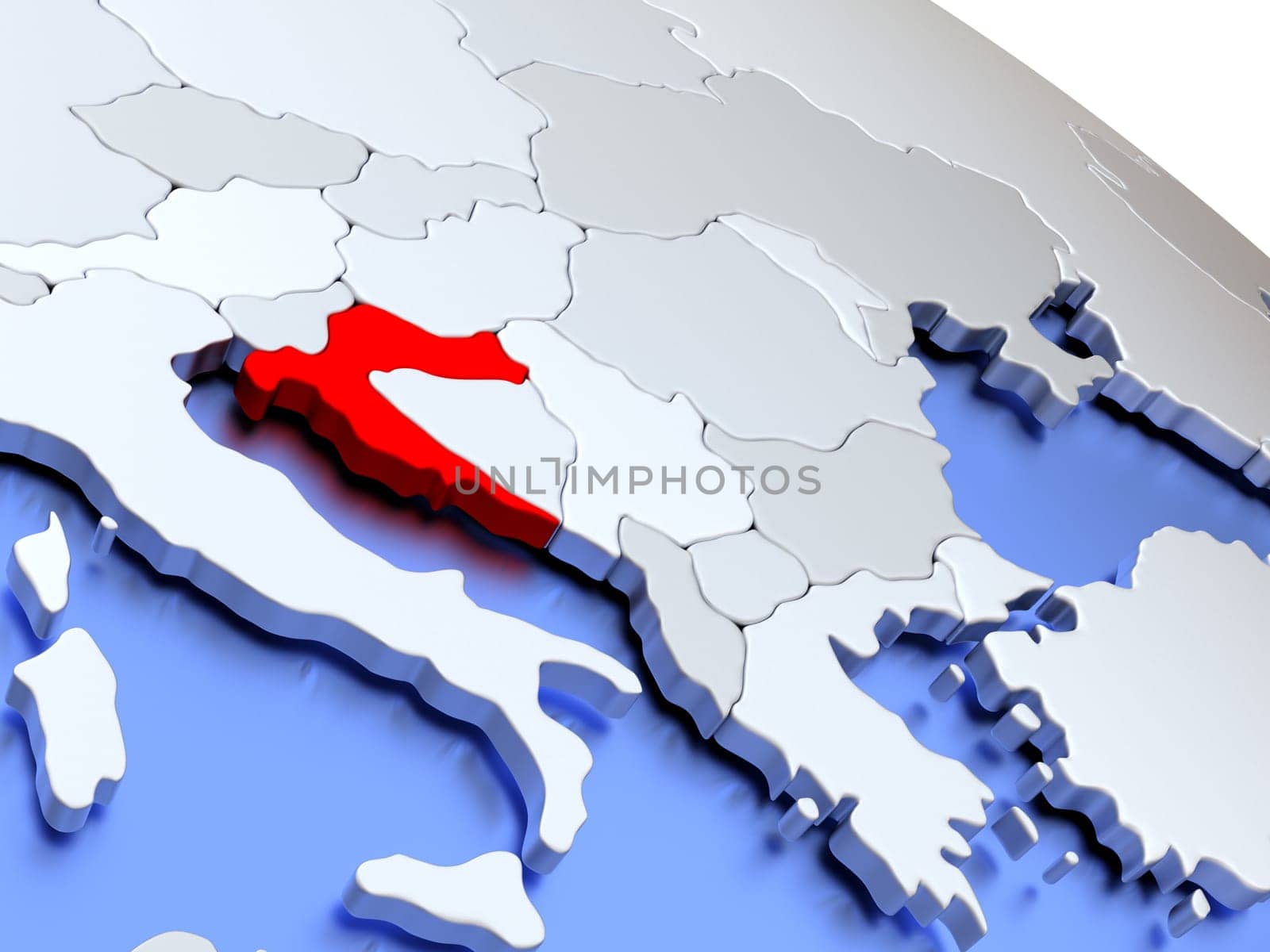 Map of Croatia on elegant silver 3D globe with blue oceans. 3D illustration
