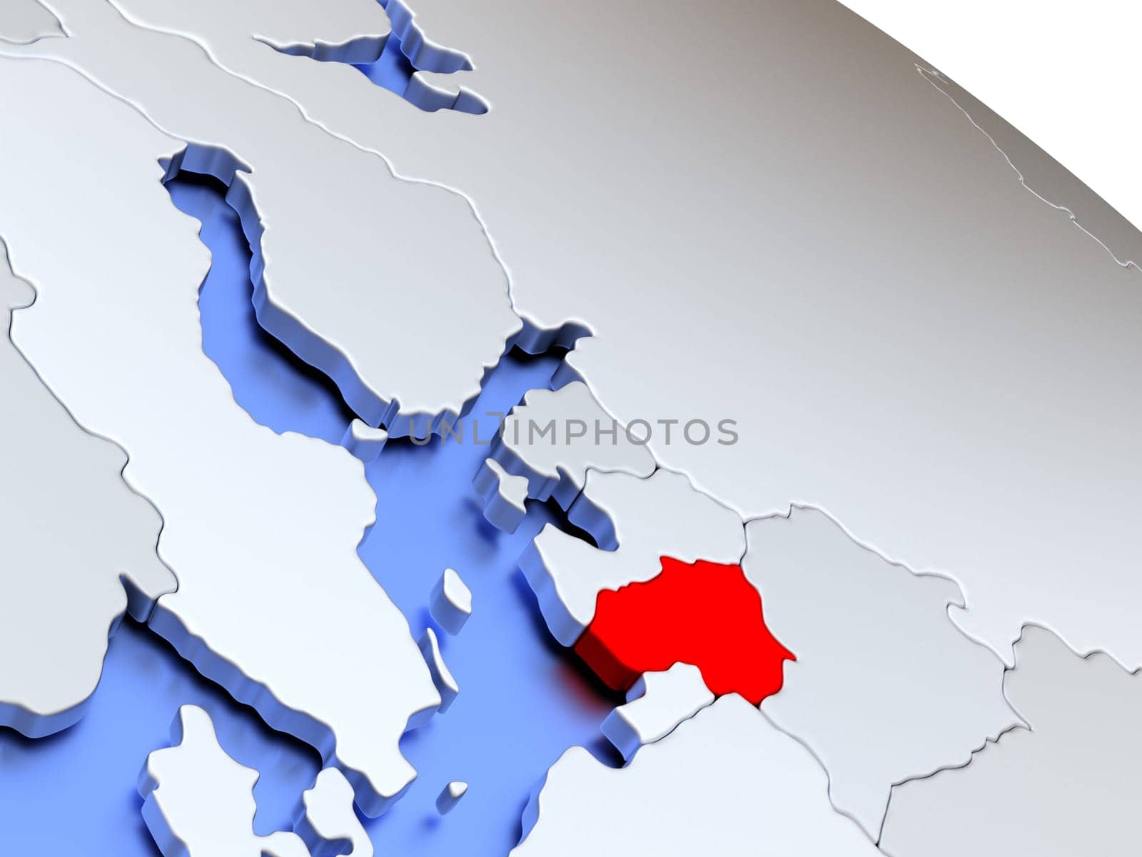 Map of Lithuania on elegant silver 3D globe with blue oceans. 3D illustration