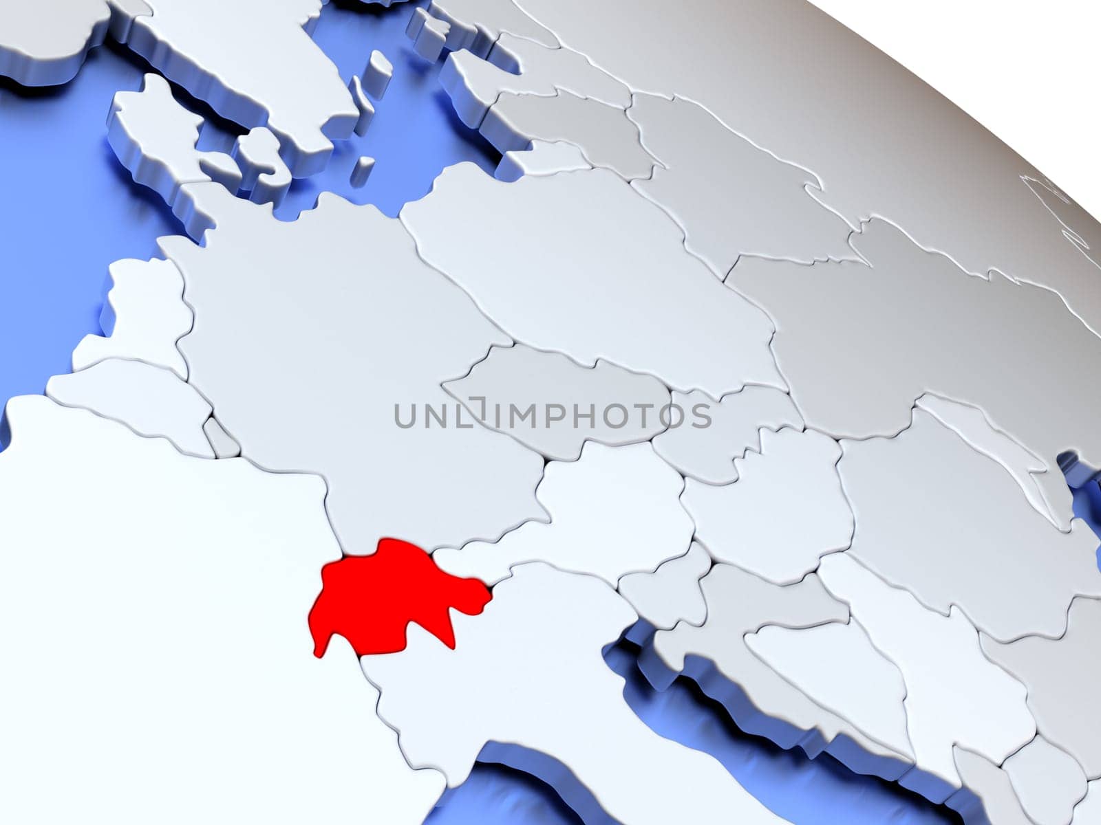 Map of Switzerland on elegant silver 3D globe with blue oceans. 3D illustration