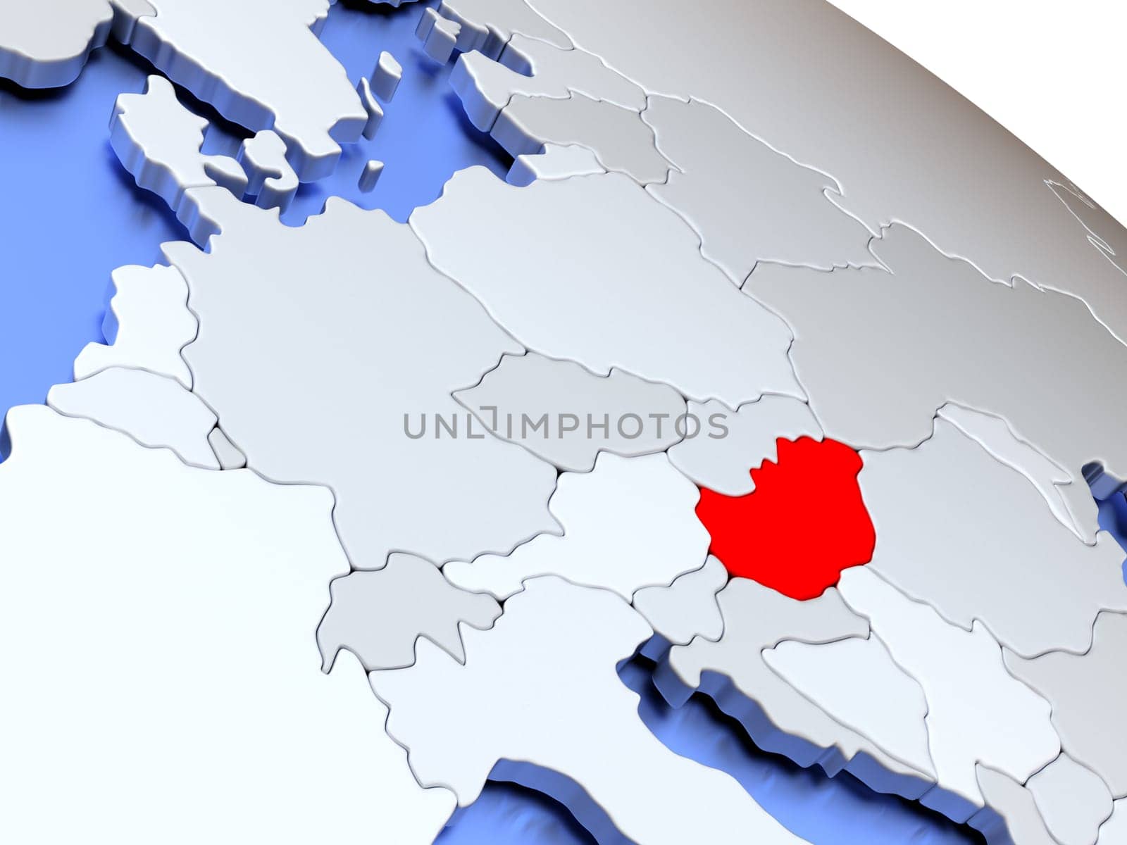 Map of Hungary on elegant silver 3D globe with blue oceans. 3D illustration