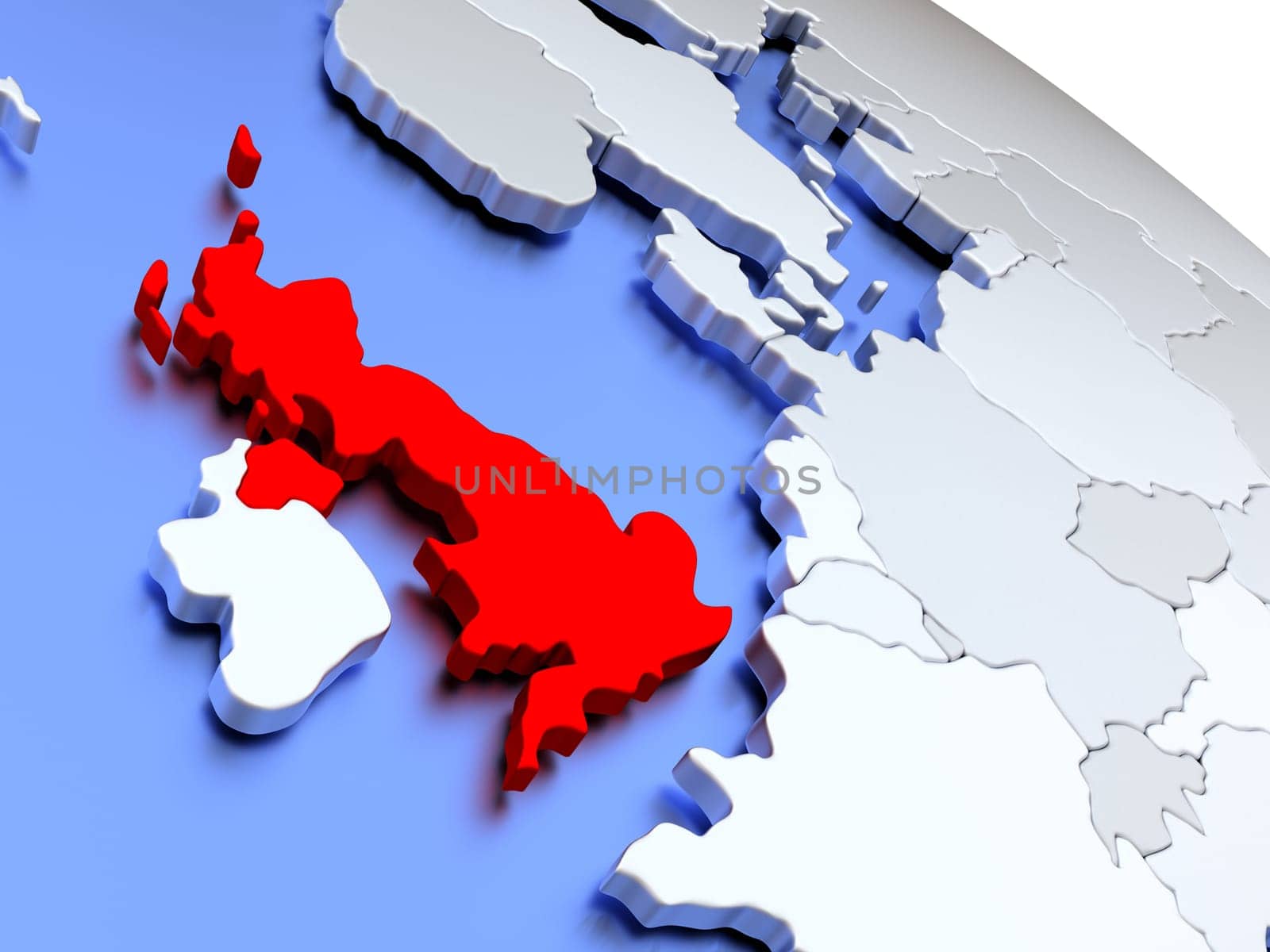Map of United Kingdom on elegant silver 3D globe with blue oceans. 3D illustration