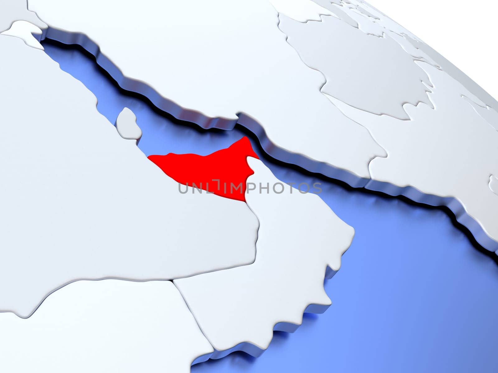 Map of United Arab Emirates on elegant silver 3D globe with blue oceans. 3D illustration