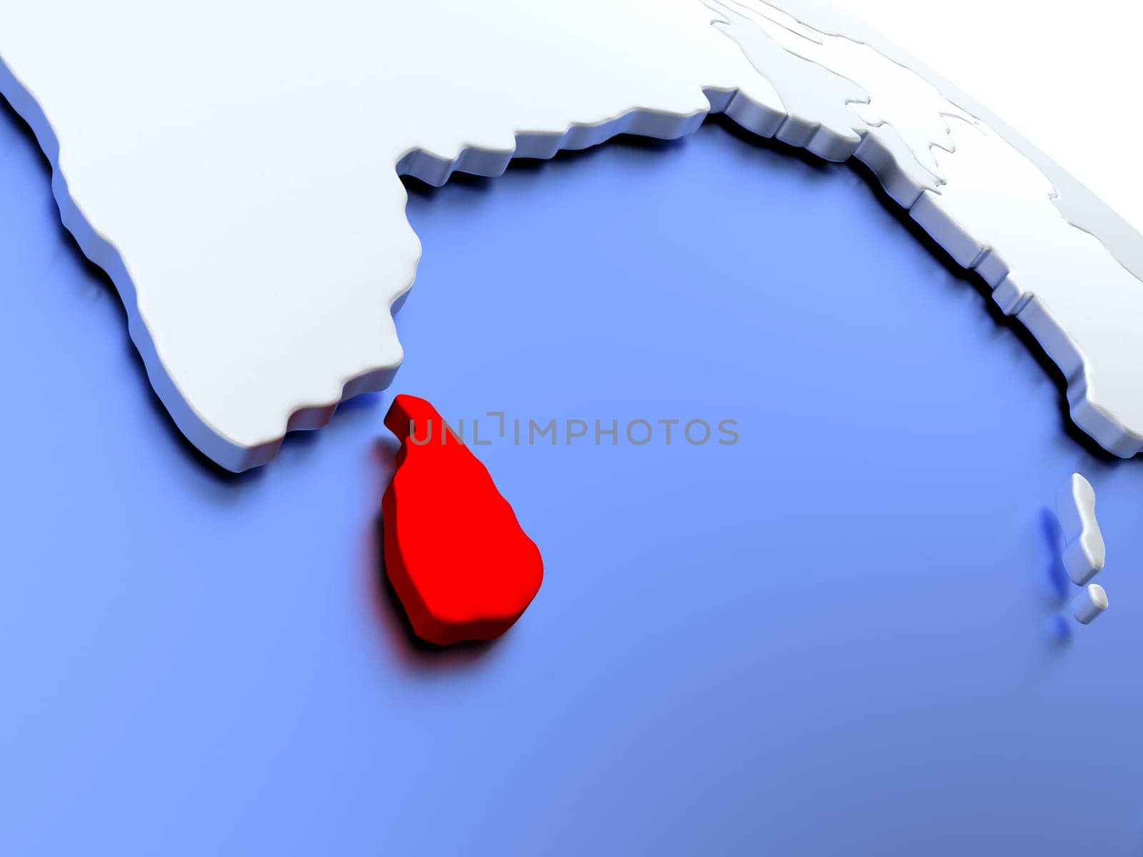 Map of Sri Lanka on elegant silver 3D globe with blue oceans. 3D illustration