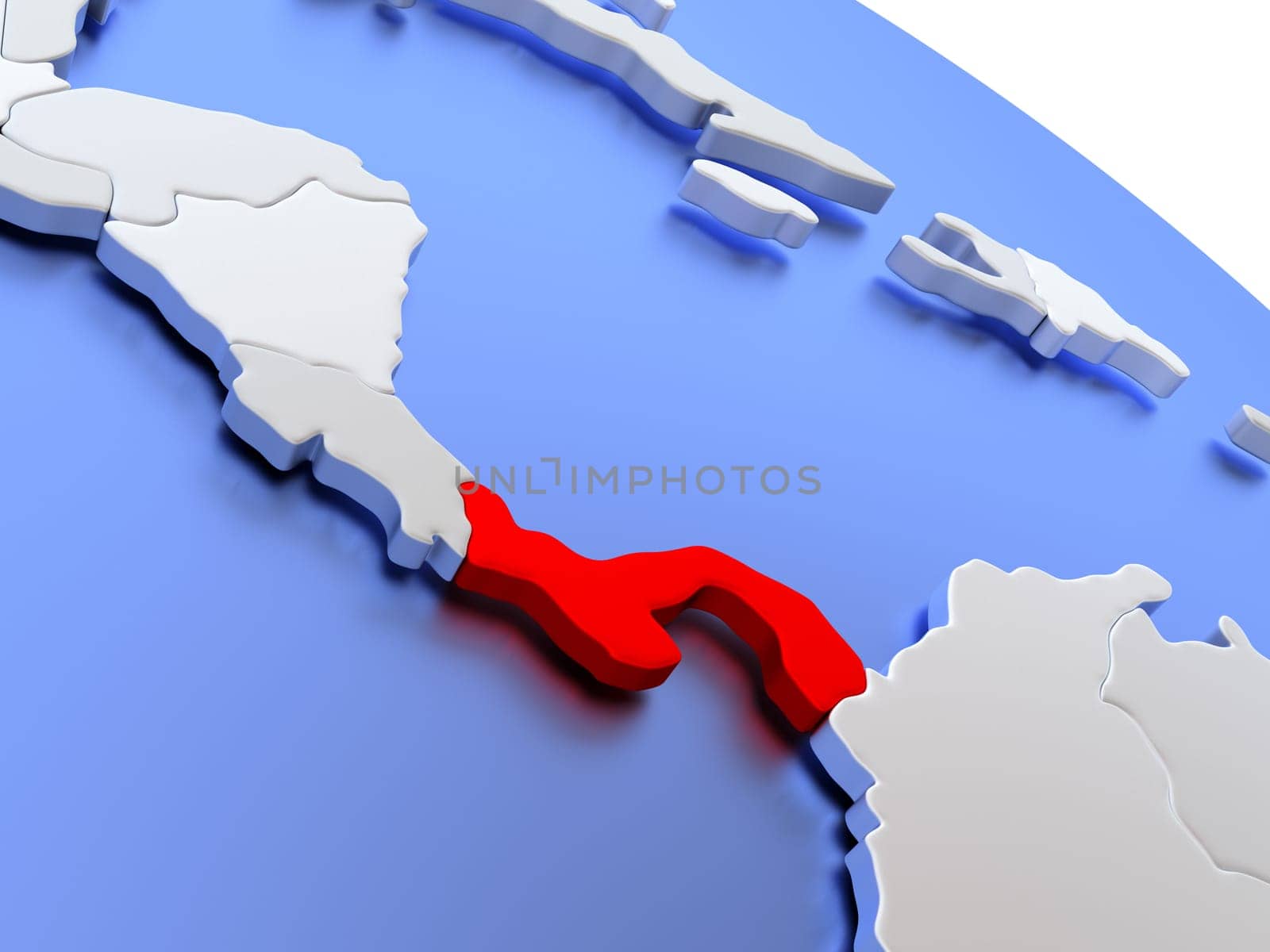 Map of Panama on elegant silver 3D globe with blue oceans. 3D illustration