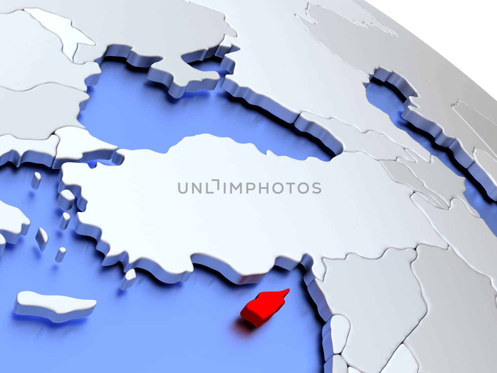 Map of Cyprus on elegant silver 3D globe with blue oceans. 3D illustration