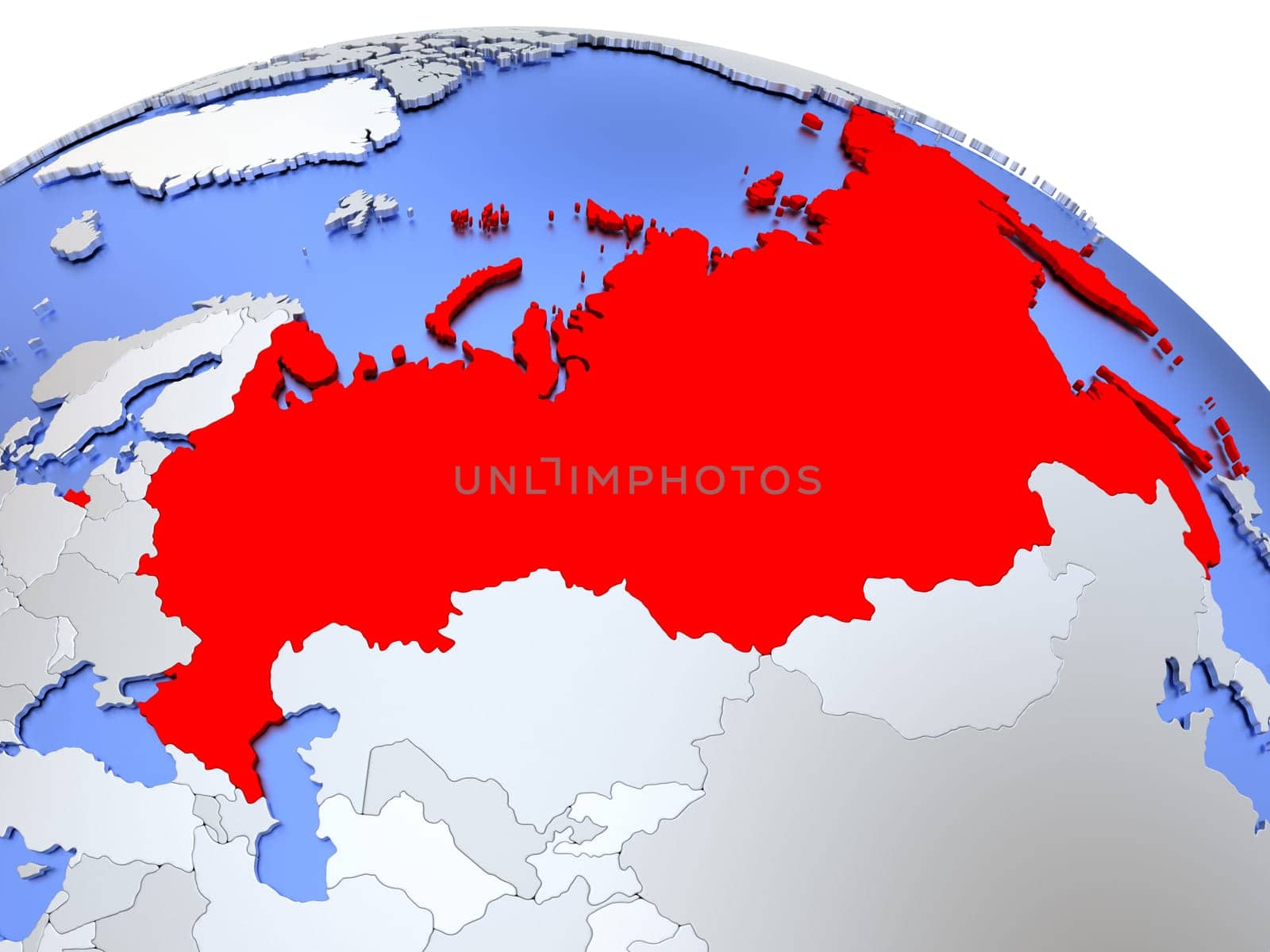 Map of Russia on elegant silver 3D globe with blue oceans. 3D illustration
