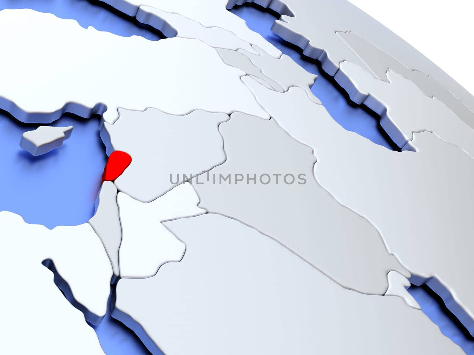 Map of Lebanon on elegant silver 3D globe with blue oceans. 3D illustration