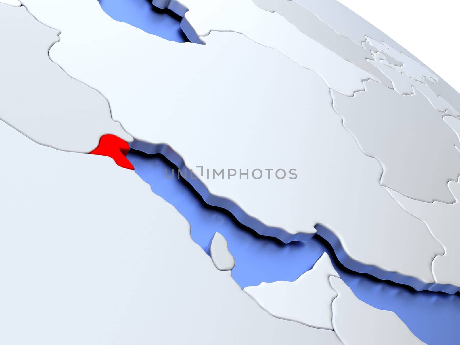 Map of Kuwait on elegant silver 3D globe with blue oceans. 3D illustration