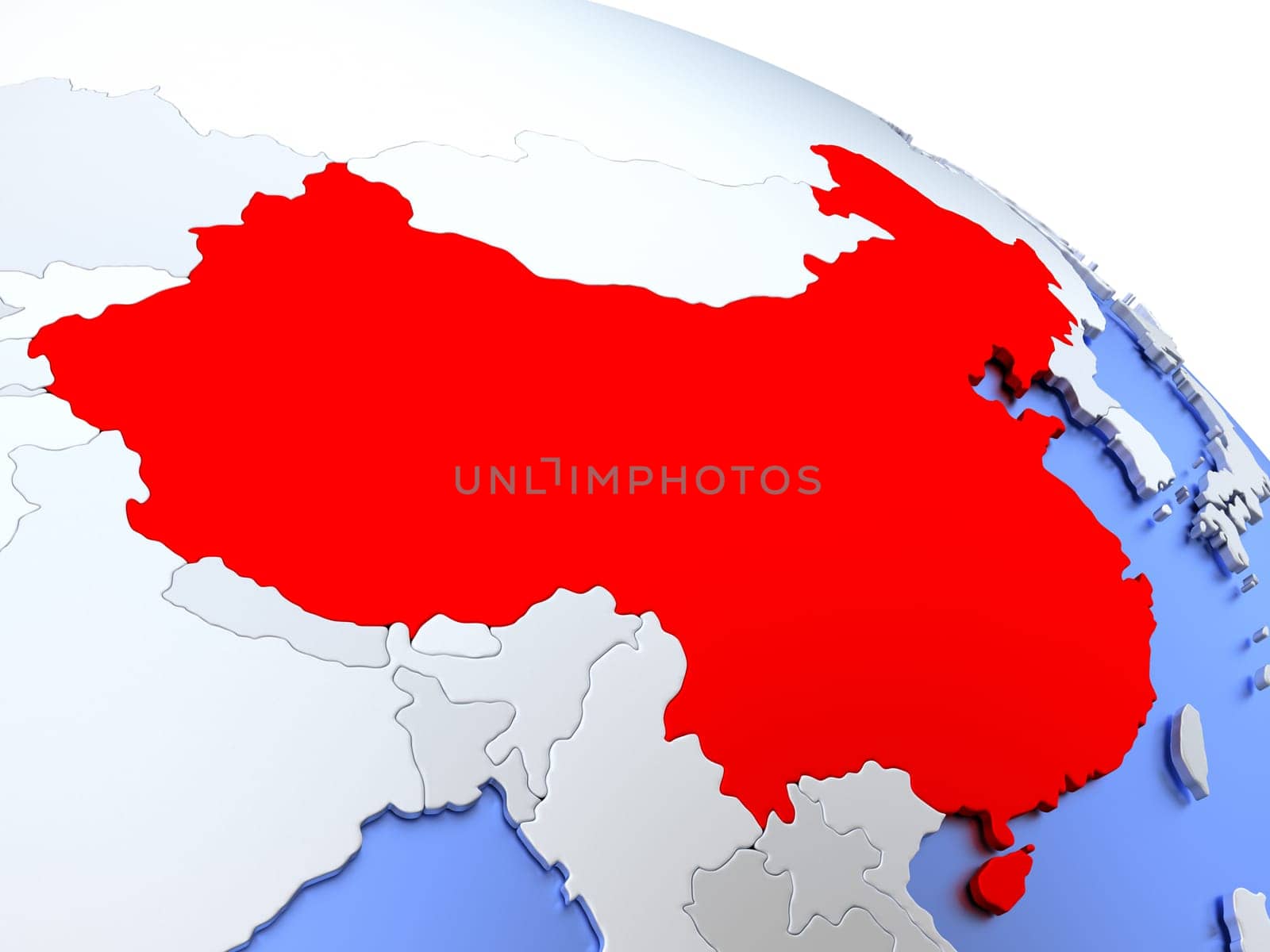 Map of China on elegant silver 3D globe with blue oceans. 3D illustration