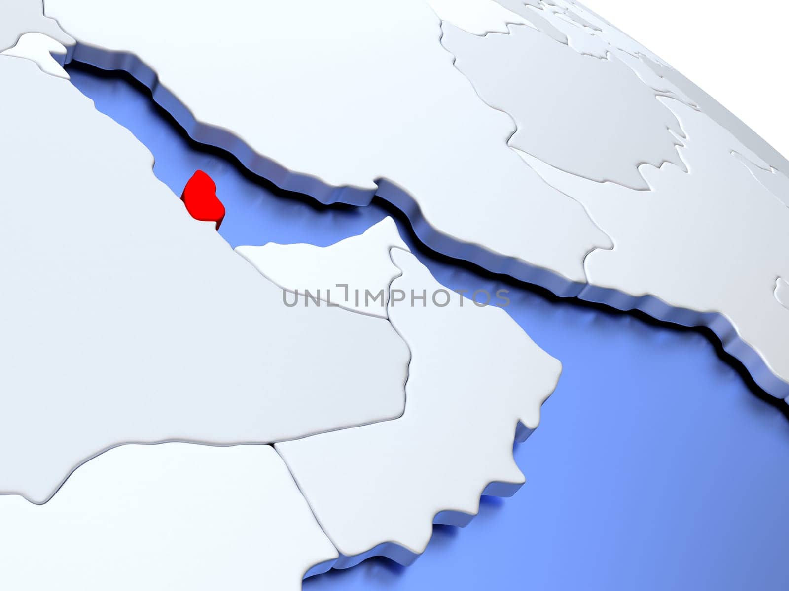 Map of Qatar on elegant silver 3D globe with blue oceans. 3D illustration